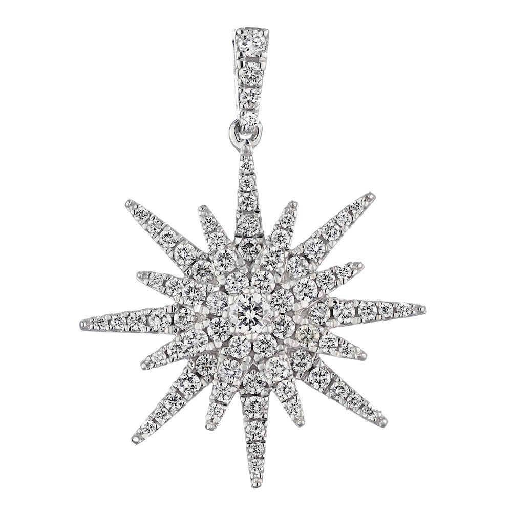 14K White Gold Pendant Pave Set Starburst Diamond 0.33 Ctw