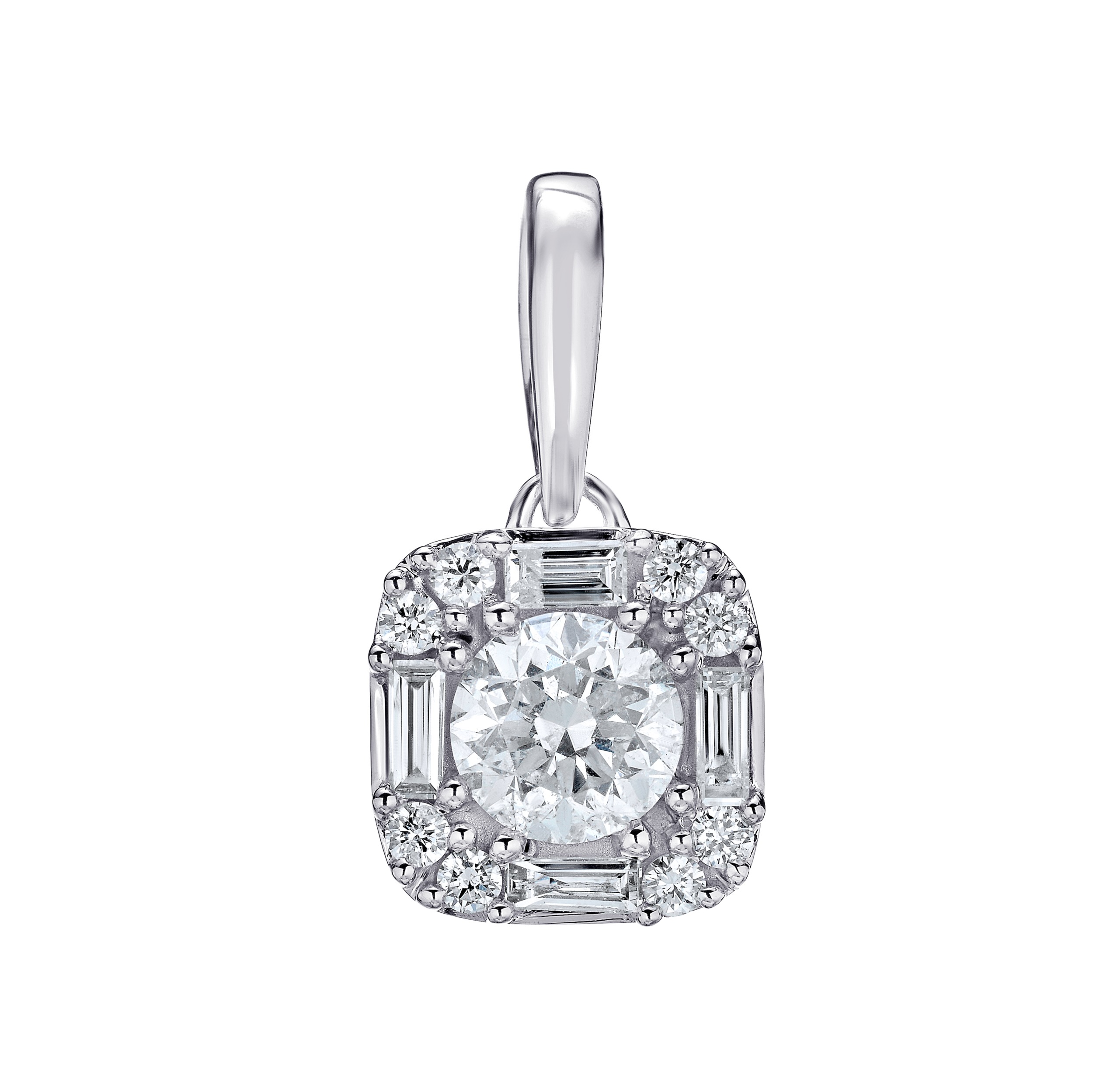 14K White Gold Pendant Cushion Shape Round Center Baguette & Round Halo Diamond 1.00 Ctw