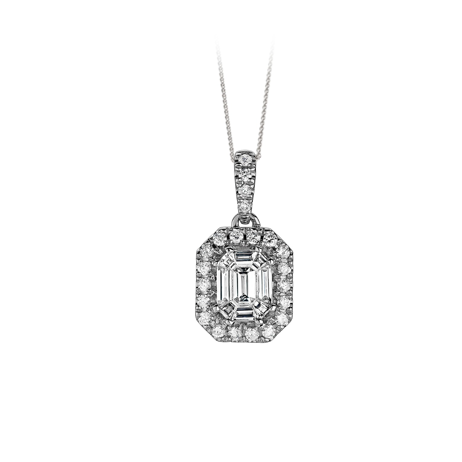 Compozit&trade; 14K White Gold Emerald Shape Halo Diamond Bail Pendant Diamond 0.50 Ctw Cutting Edge Technology