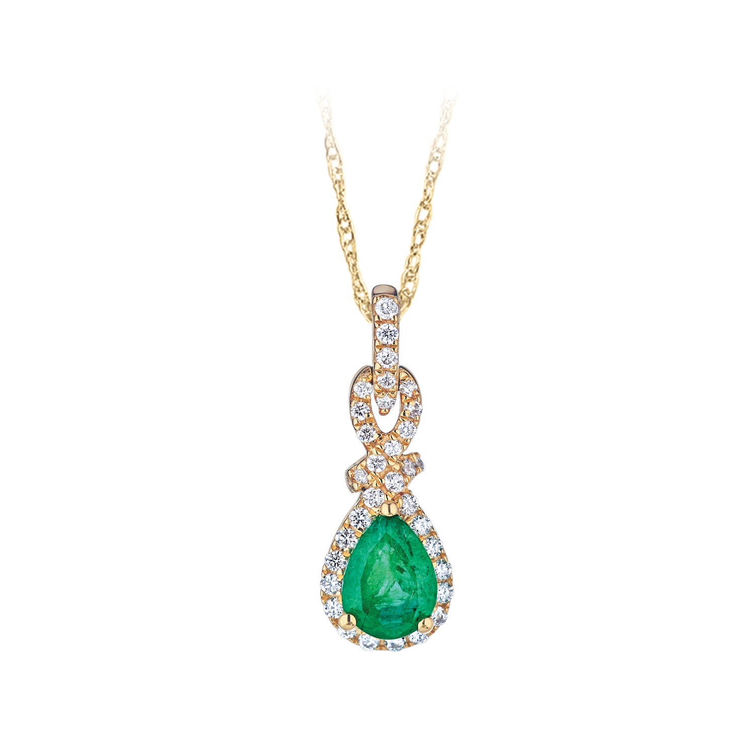 Majestic Gems&trade; 14k Yellow Gold Pear Shape Color with Wrapped Halo Emerald & Diamond 1.00 Ctw