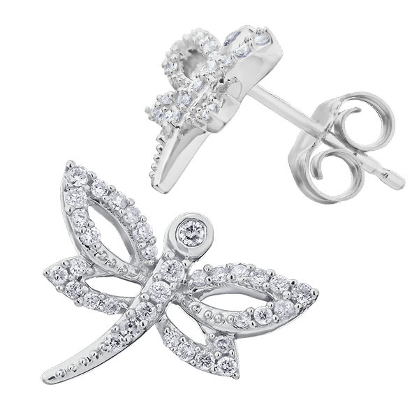 ZooLightful&trade; 10K White Gold Cutout Dragonfly Bezel Set Head Earrings Diamond 0.25 Ctw