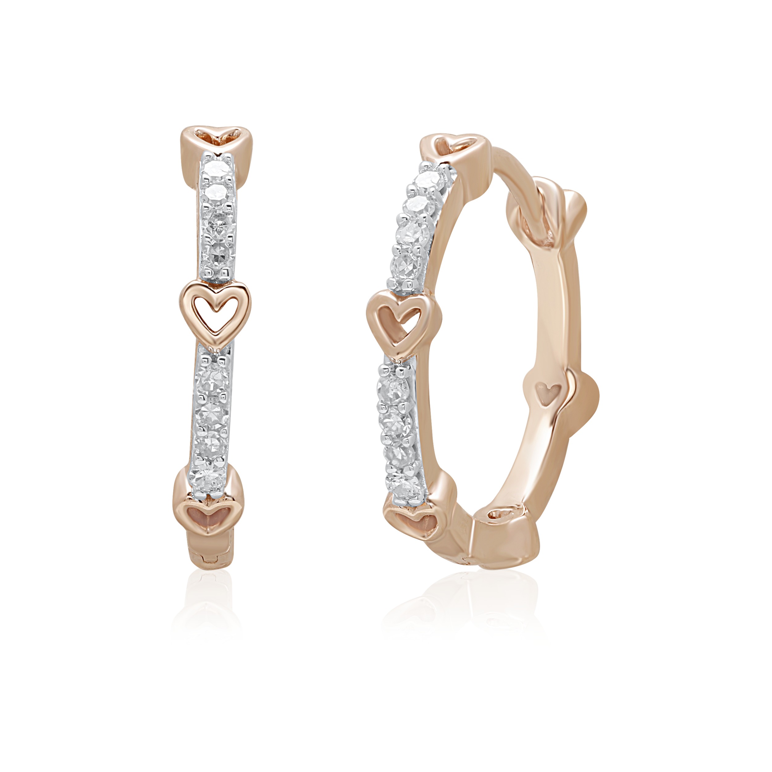 10K Rose Gold Earrings Pave Hoops with Cutout Hearts Diamond 0.10 Ctw