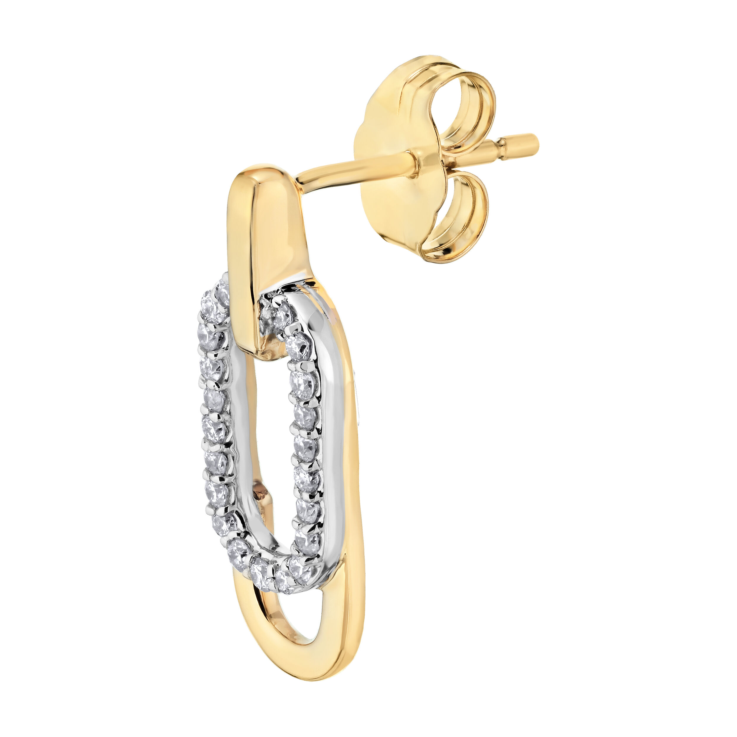 14K Two Tone Earrings Paperclip Drops Polished & Pave Diamond 0.15 Ctw