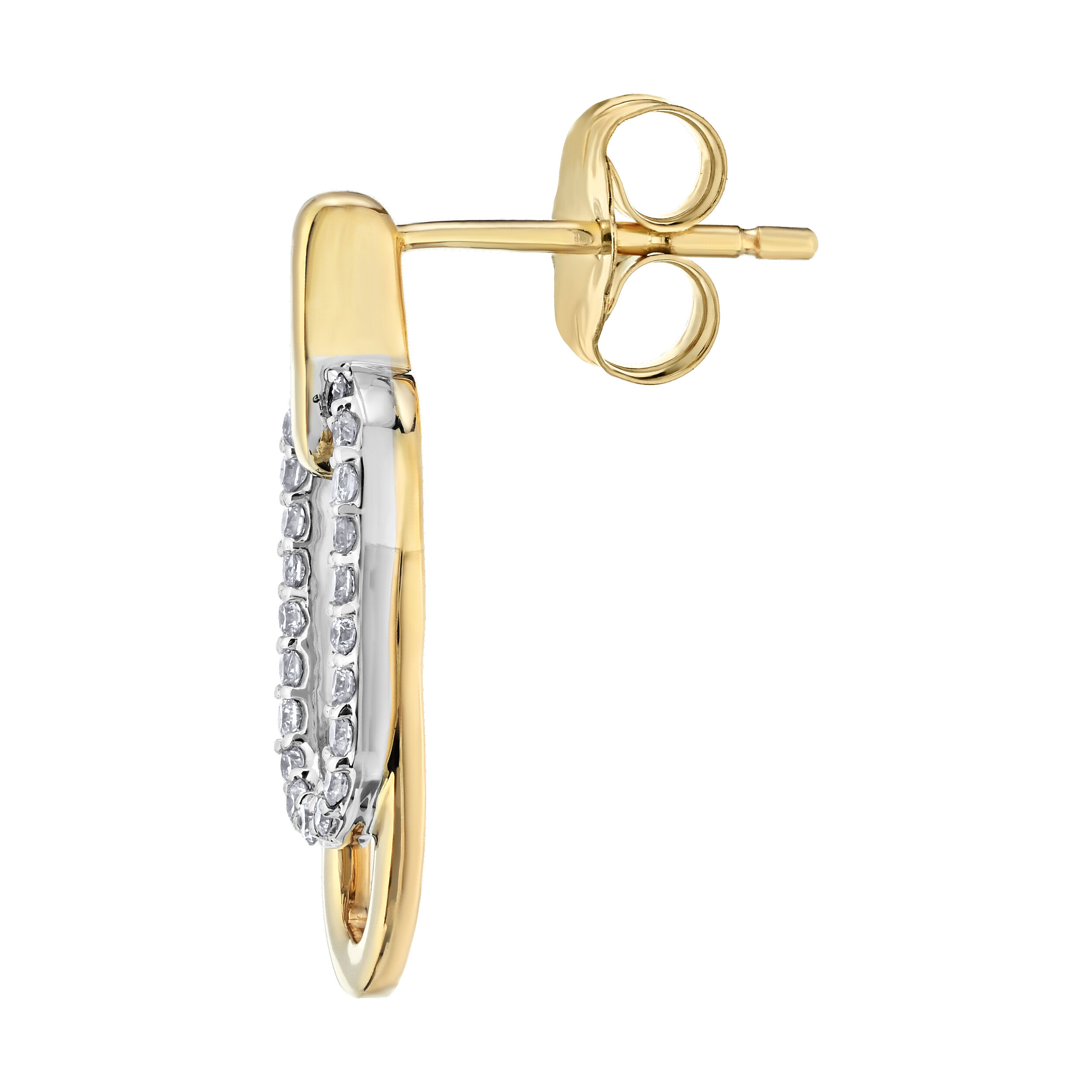 14K Two Tone Earrings Paperclip Drops Polished & Pave Diamond 0.15 Ctw
