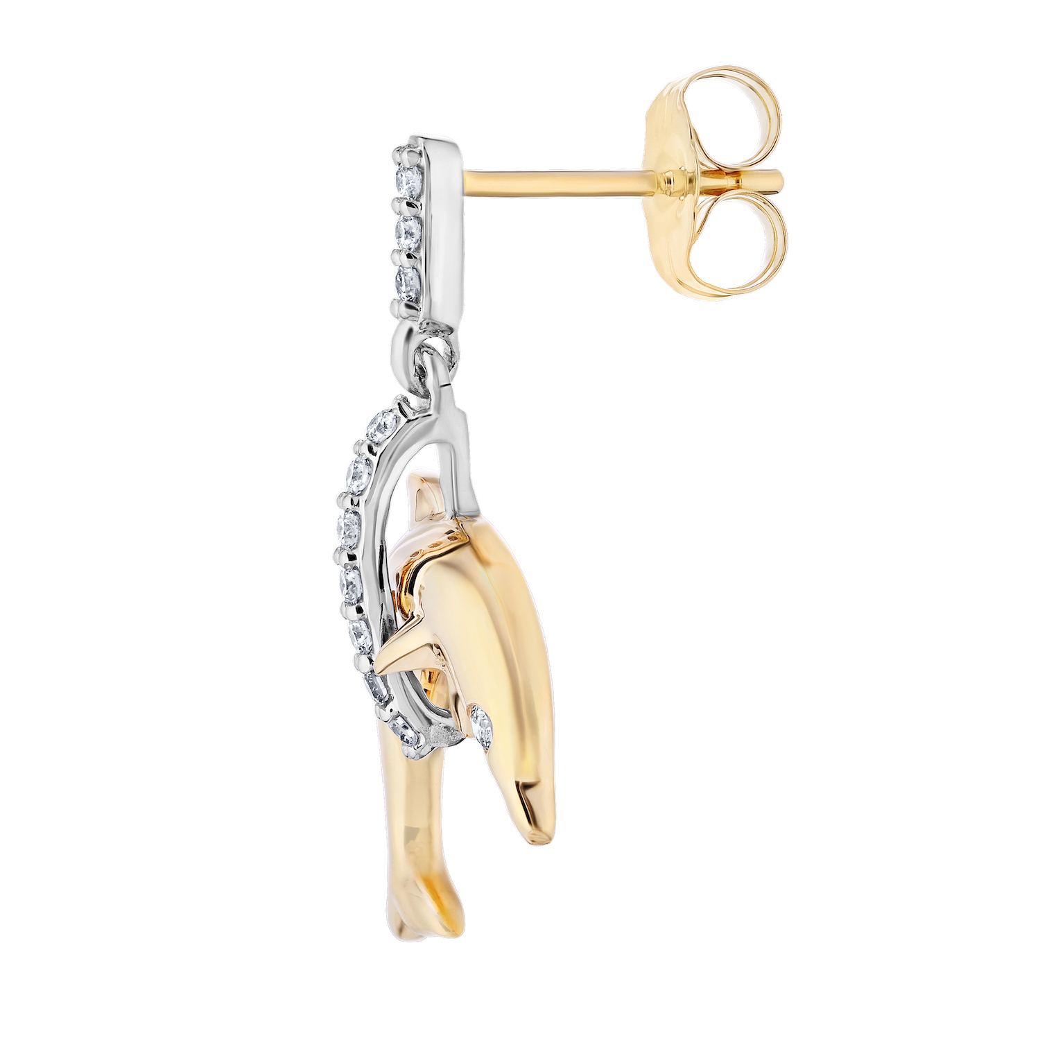 OCEANITY &trade; 14k Two Tone Earrings Polished Dolphins Diamond Bar Center Drops Diamond 0.20 Ctw