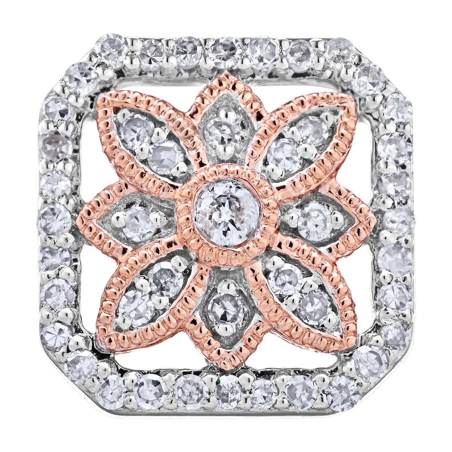 10K Rose Gold Earrings Square Cut Corner Filigree Studs with Milgrain Diamond 0.33 Ctw