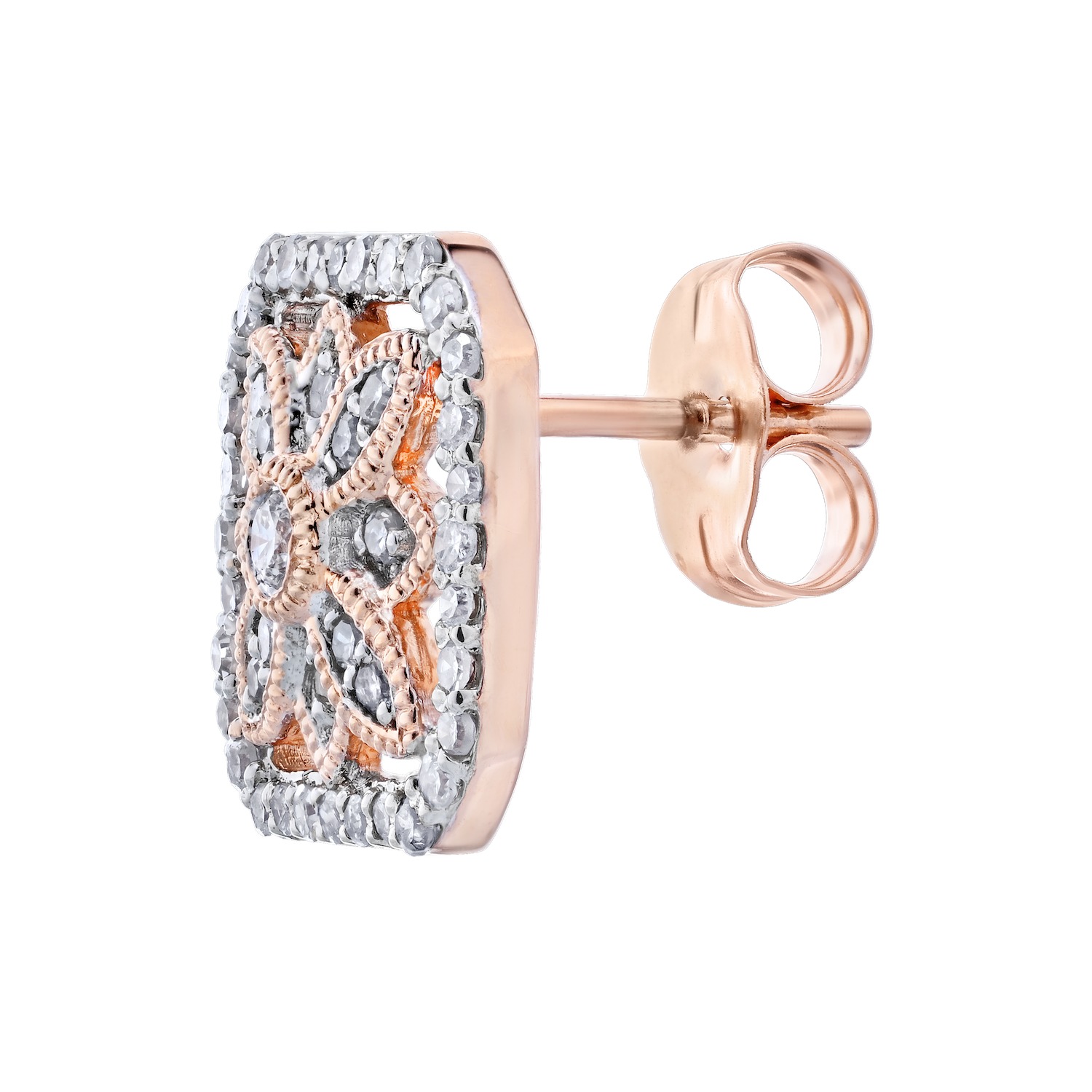 10K Rose Gold Earrings Square Cut Corner Filigree Studs with Milgrain Diamond 0.33 Ctw
