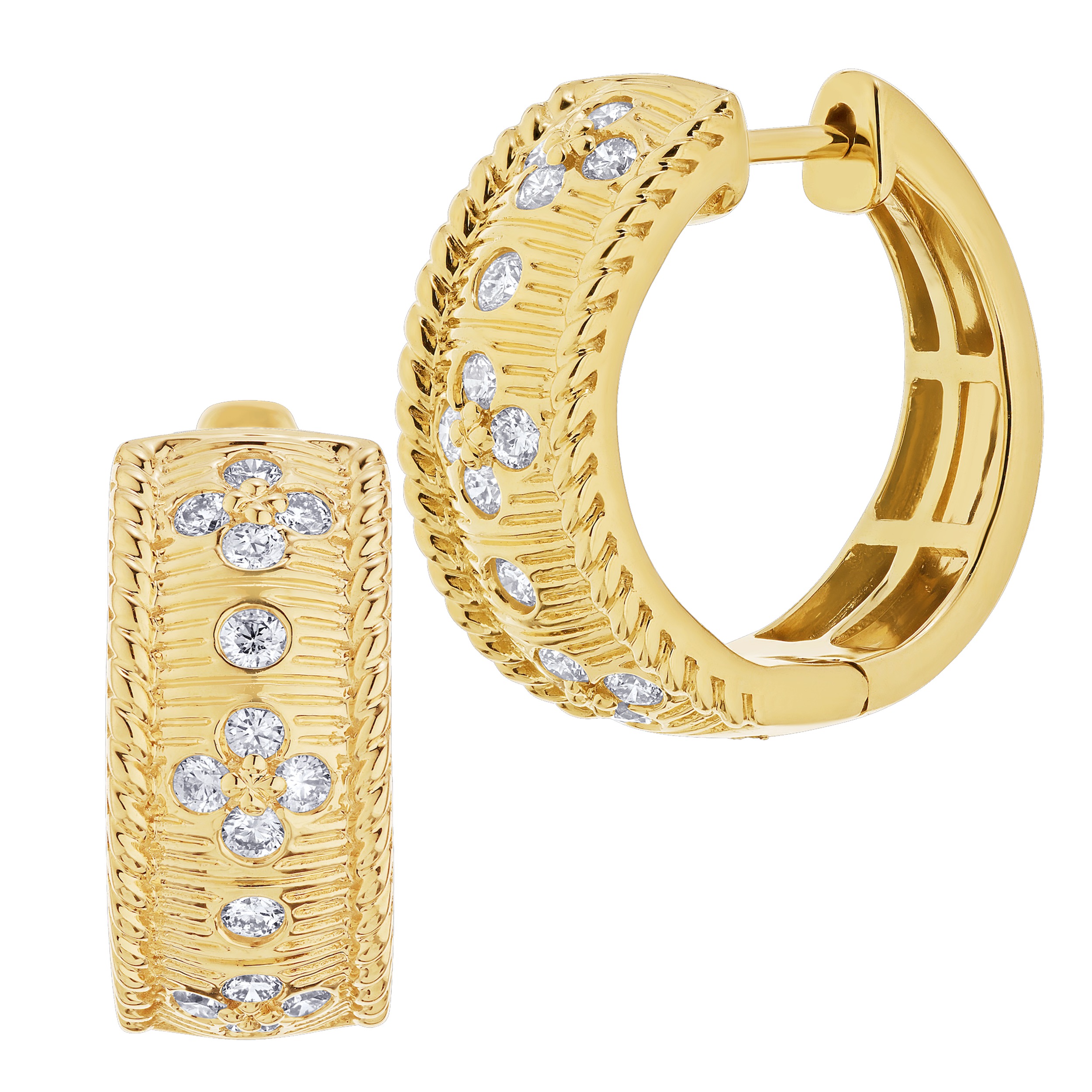Textura&trade; 14K Yellow Gold Textured Hoops Flush Set Diamond 0.50 Ctw