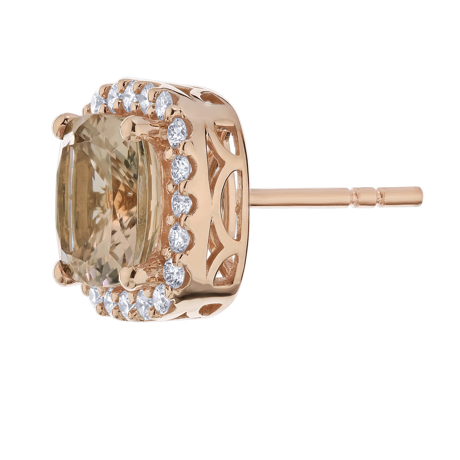 Peach Blossom&trade; 14k Rose Gold Square Cushion Morganite with Halo Studs Earrings Diamond 2.80 Ctw