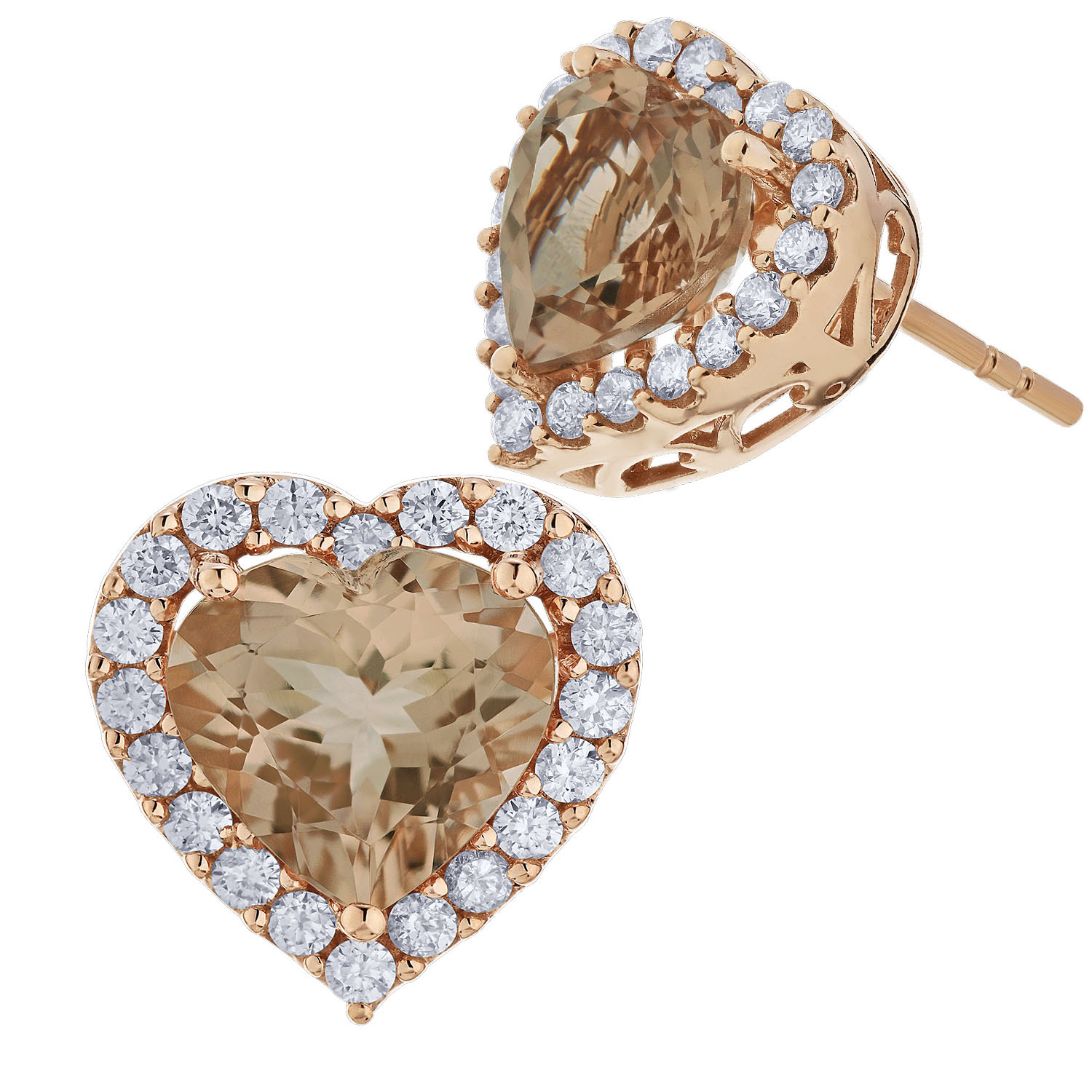 Peach Blossom&trade; 14k Rose Gold Heart Shape Morganite with Halo Studs Earrings Diamond 3.45 Ctw