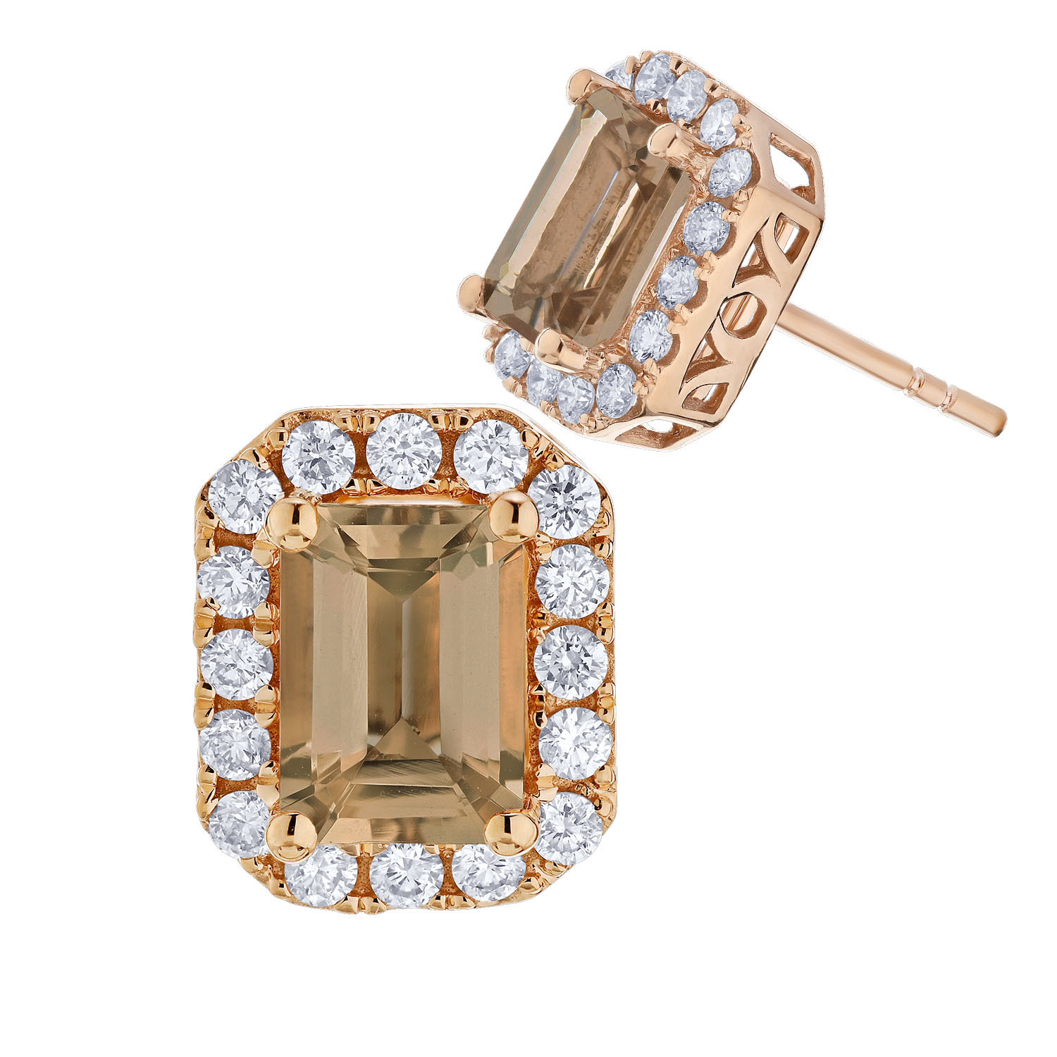 Peach Blossom&trade; 14k Rose Gold Emerald Cut Morganite with Halo Studs Earrings Diamond 2.46 Ctw