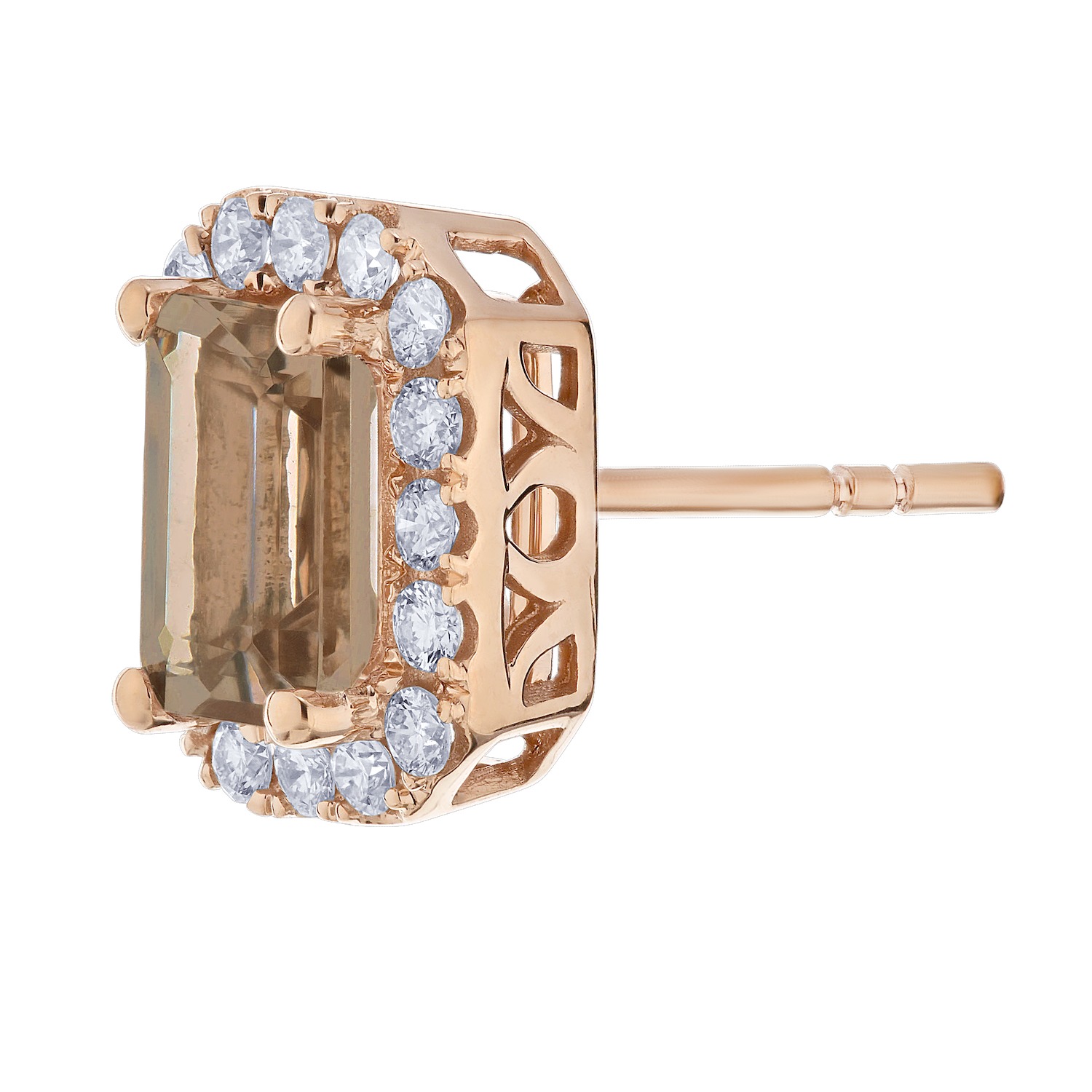 Peach Blossom&trade; 14k Rose Gold Emerald Cut Morganite with Halo Studs Earrings Diamond 2.46 Ctw