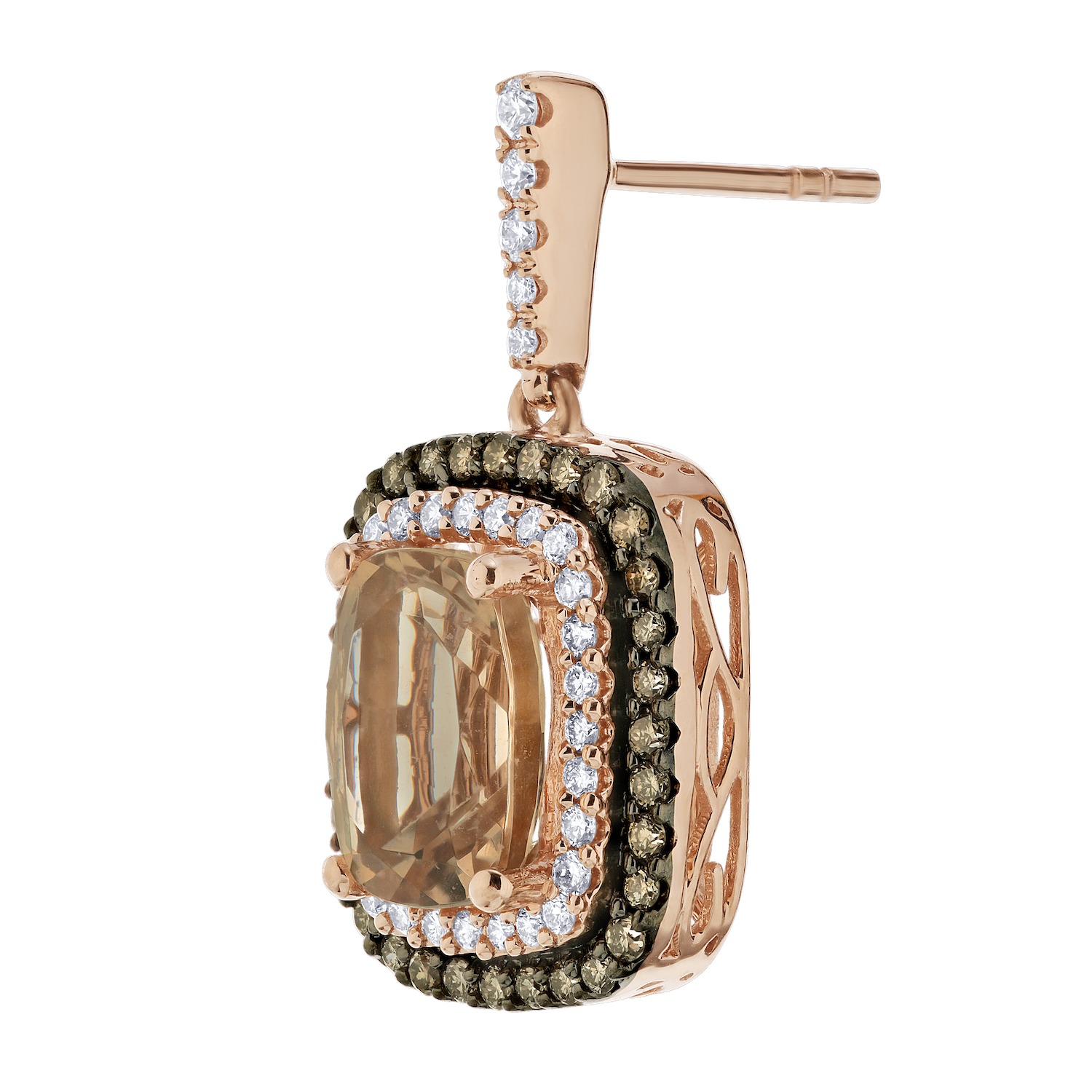 Peach Blossom&trade; 14k Rose Gold Morganite Center with Cognac & White Double Halo Earrings Diamond 4.42 Ctw