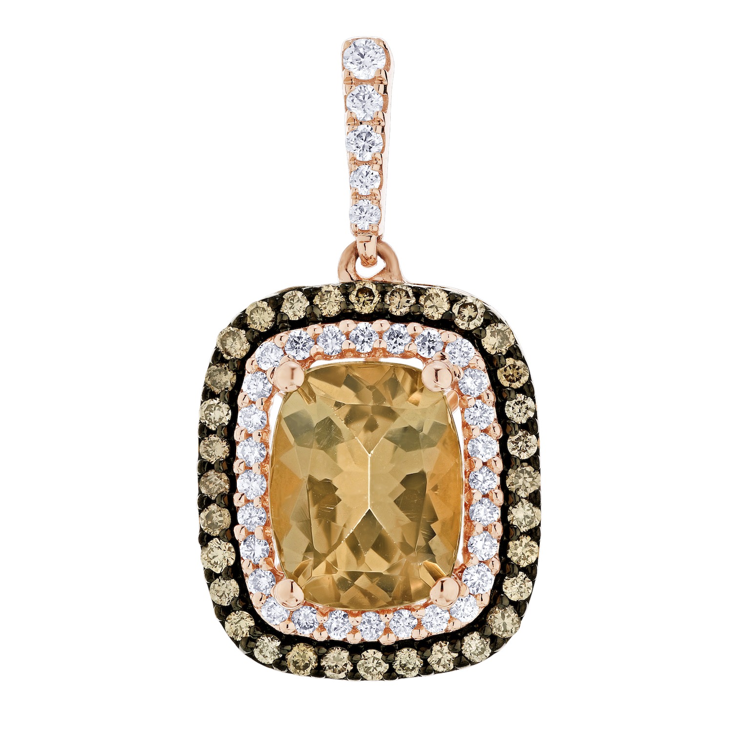 Peach Blossom&trade; 14k Rose Gold Morganite Center with Cognac & White Double Halo Earrings Diamond 4.42 Ctw