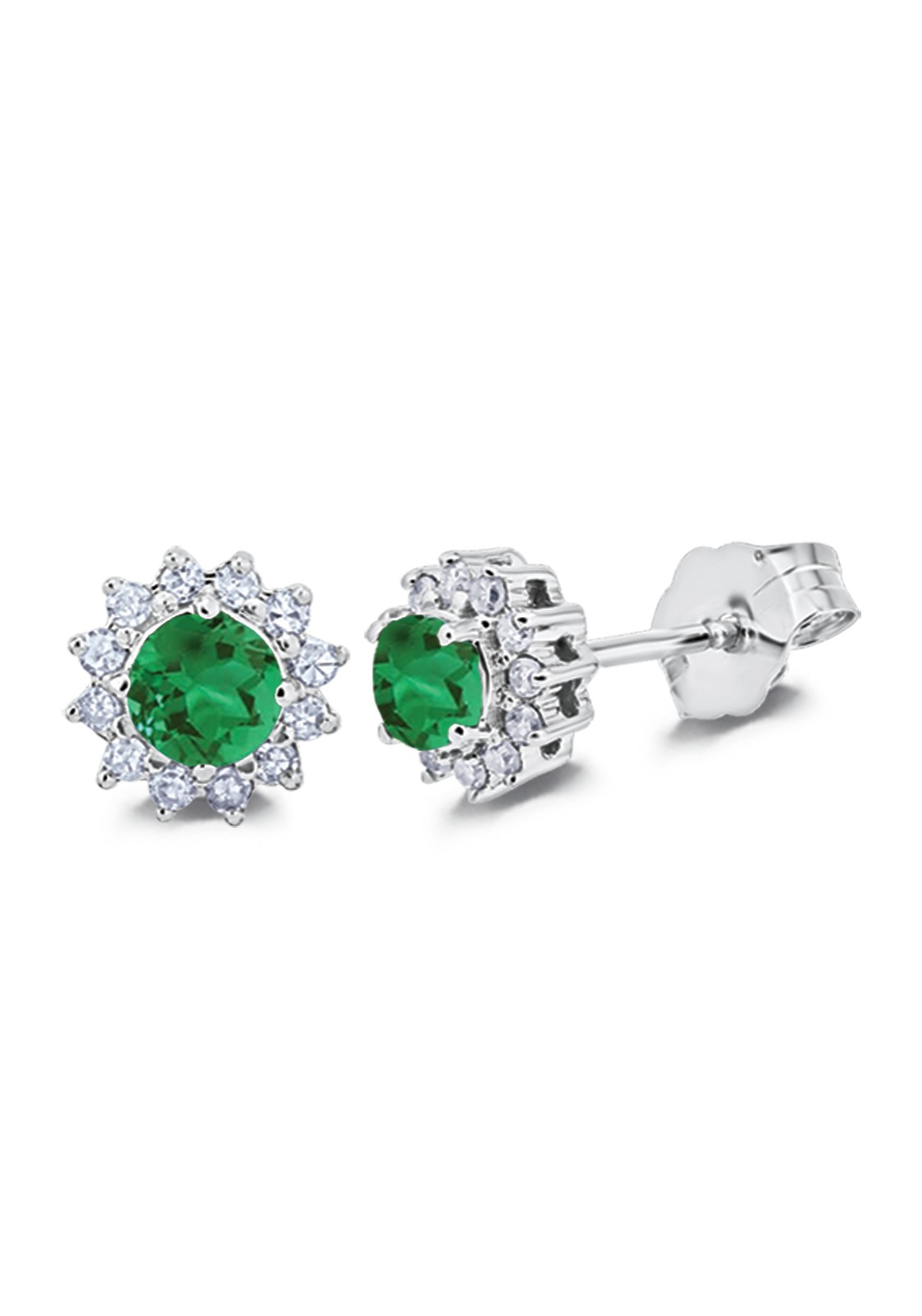 Majestic Gems&trade; 10k White Gold Round Color Center Halo Studs Emerald & Diamond 0.44 Ctw