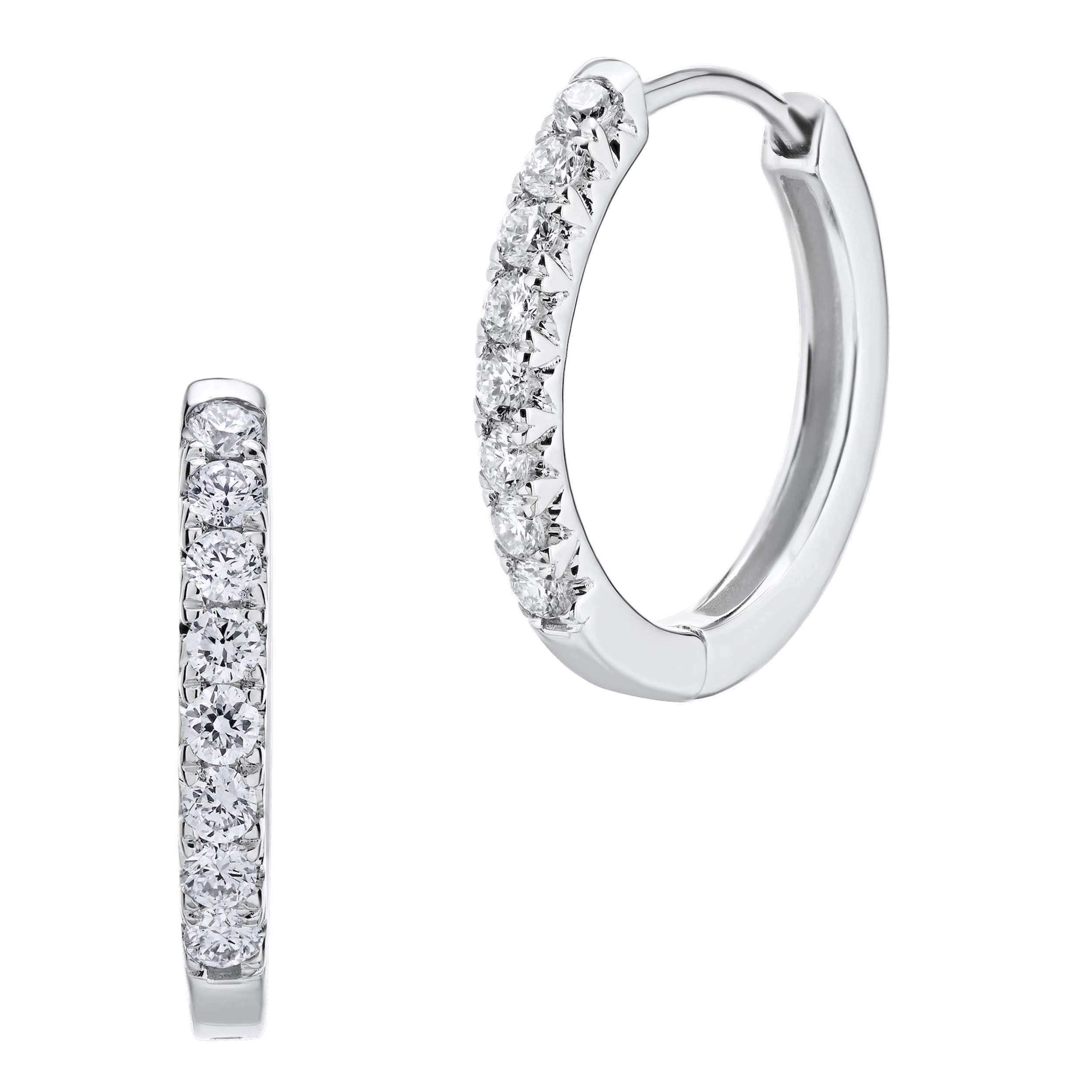 14K White Gold Earrings Shared Prong Huggie Hoops Diamond 0.50 Ctw