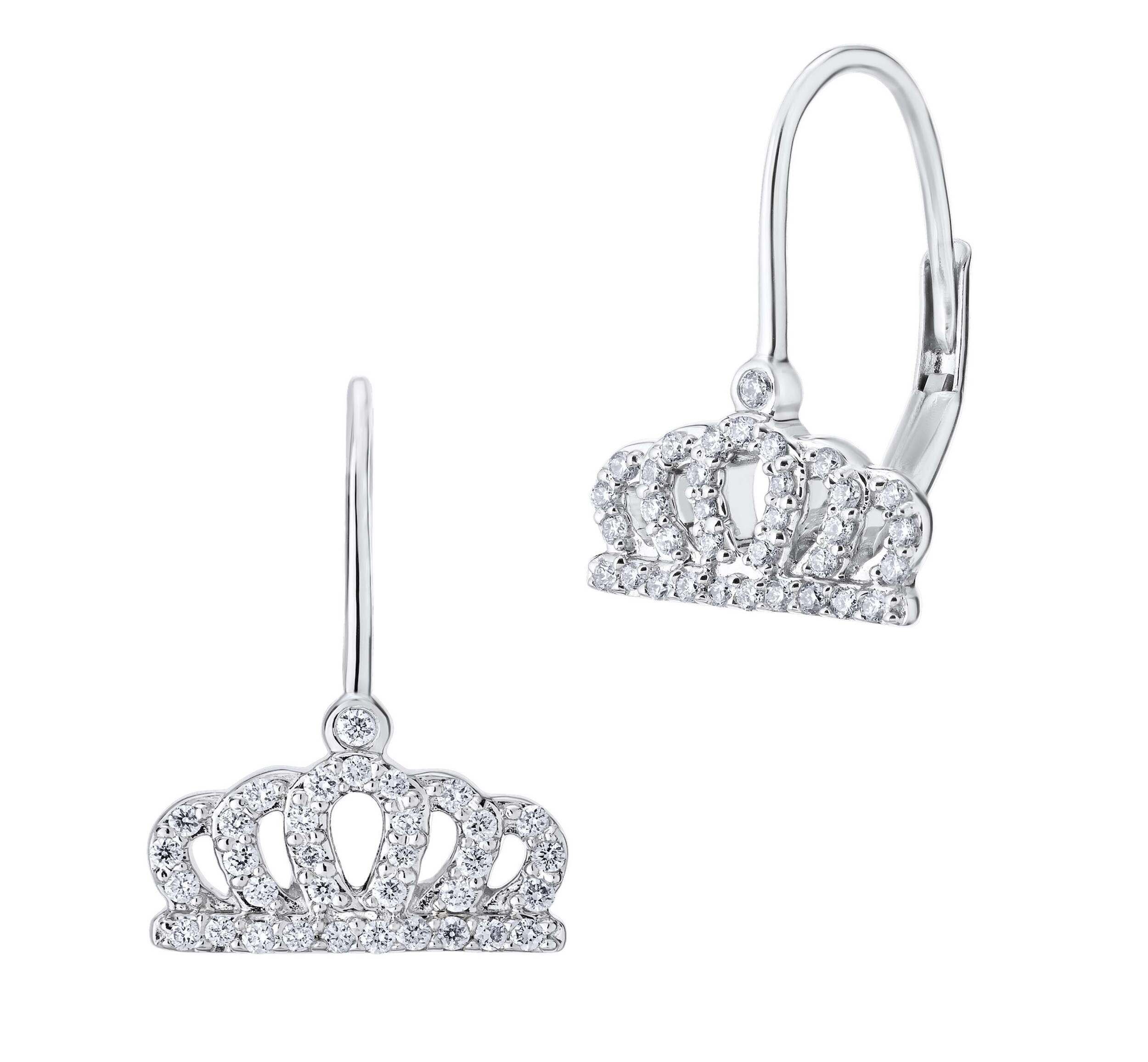 14K White Gold Earrings Crown Drop Lever-Backs Drops Diamond 0.20 Ctw