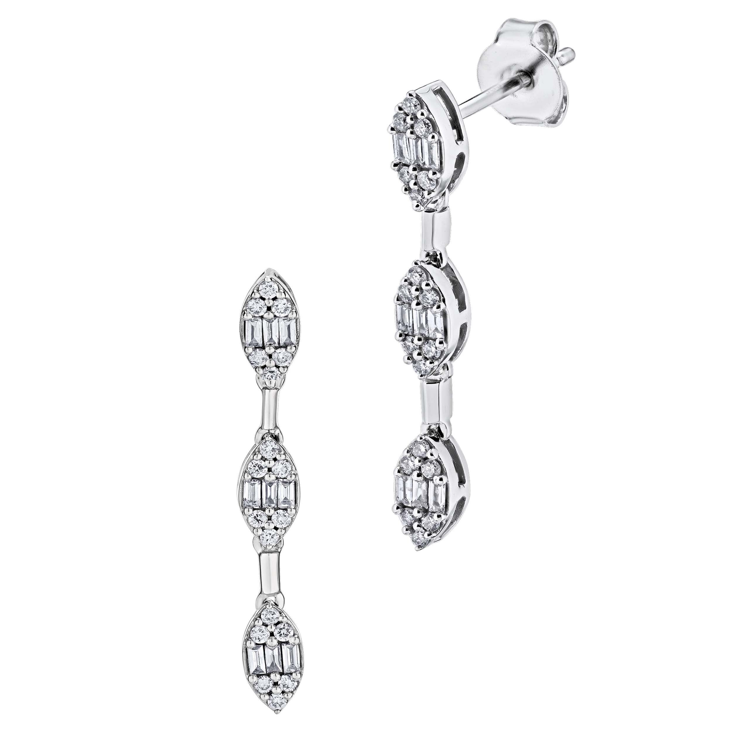 14K White Gold Earrings 3 Marquise Shape Drops Articulated Diamond 0.40 Ctw