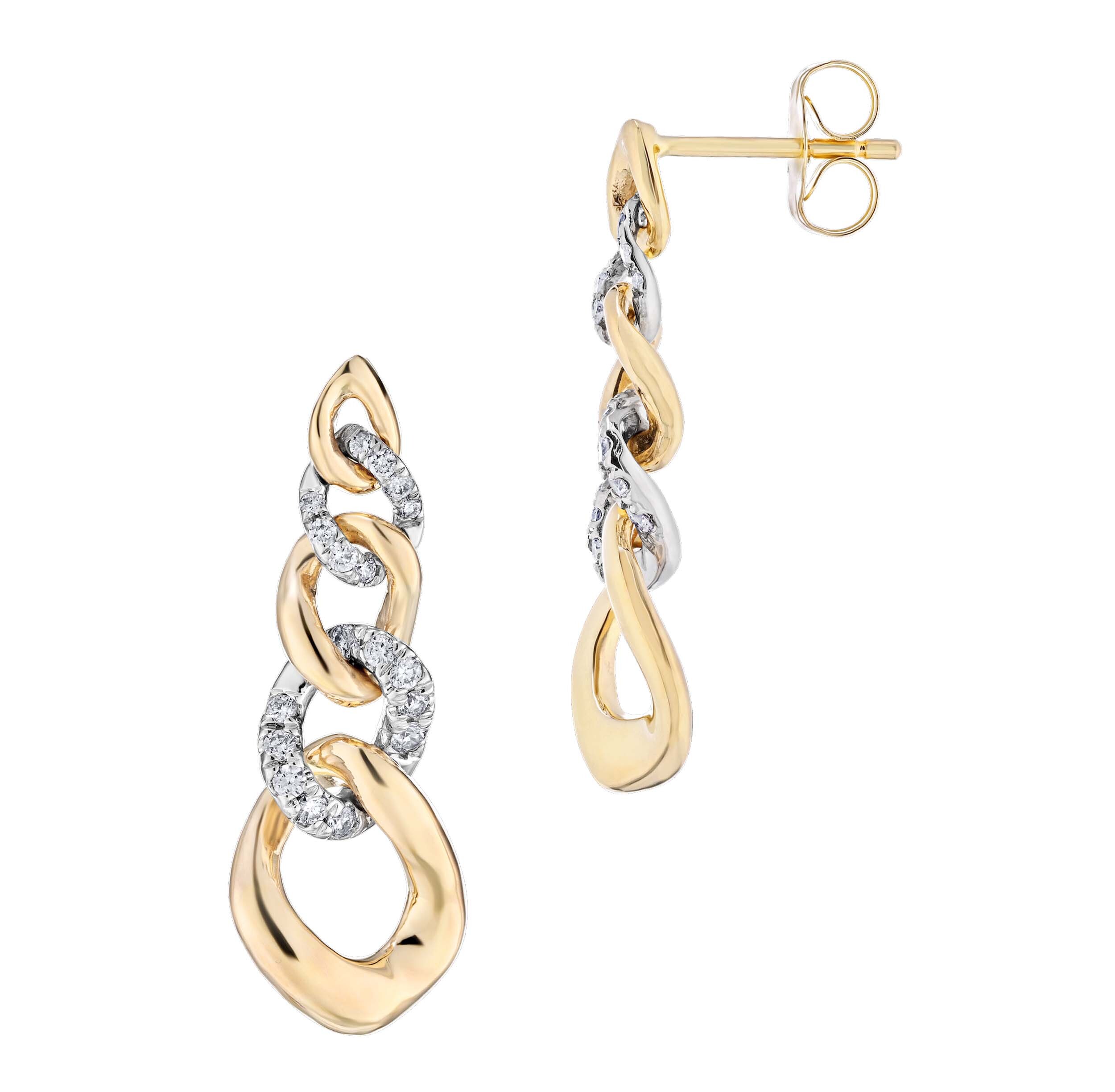 14K Two Tone Earrings Graduating Chain Drops Alternating Pave & Polished Diamond 0.20 Ctw