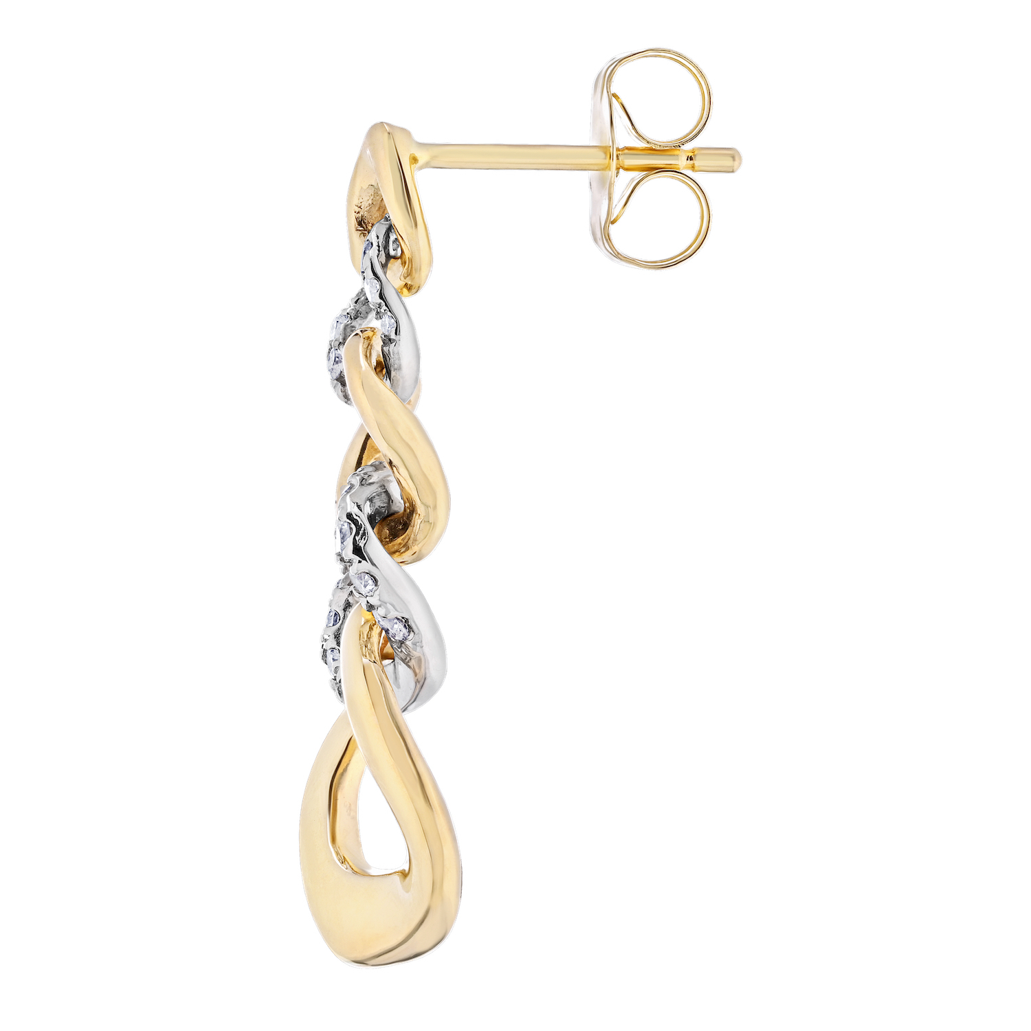 14K Two Tone Earrings Graduating Chain Drops Alternating Pave & Polished Diamond 0.20 Ctw