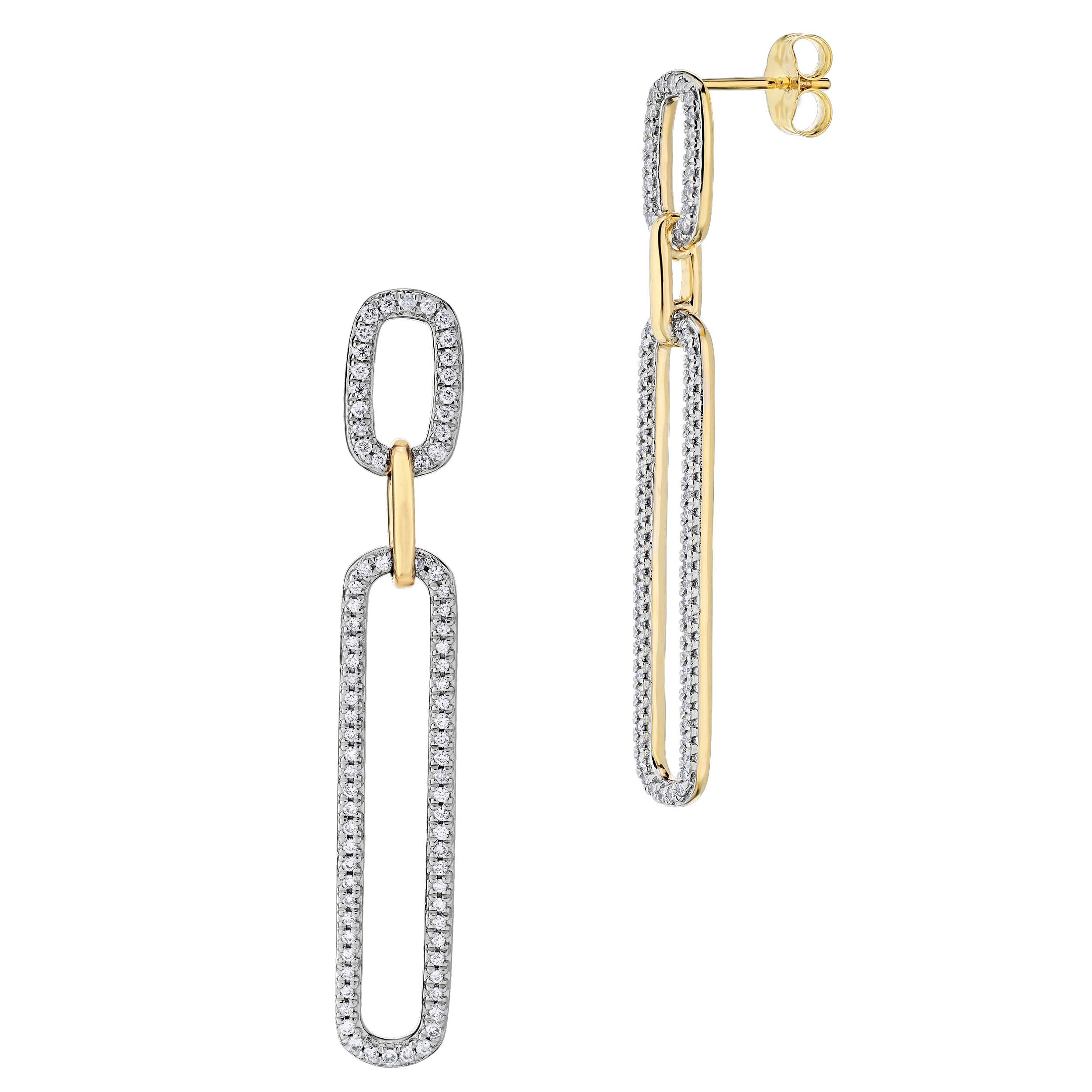 14K Yellow Gold Earrings Double Pave Paperclip Drops Diamond 0.50 Ctw