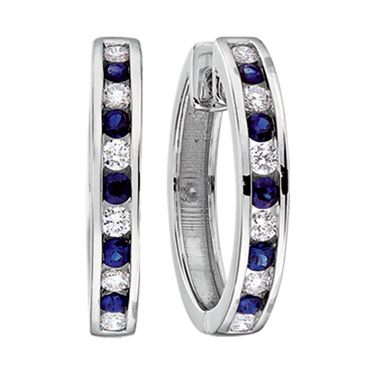 14K White Gold Earrings Channel Set Alternating Color & Diamond Hoops 0.50 Ctw