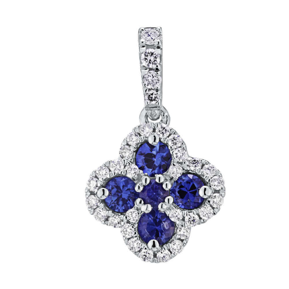 Majestic Gems&trade; 14k White Gold Color Stone Clover with Halo Small Drops Blue Sapphire & Diamond 0.75 Ctw