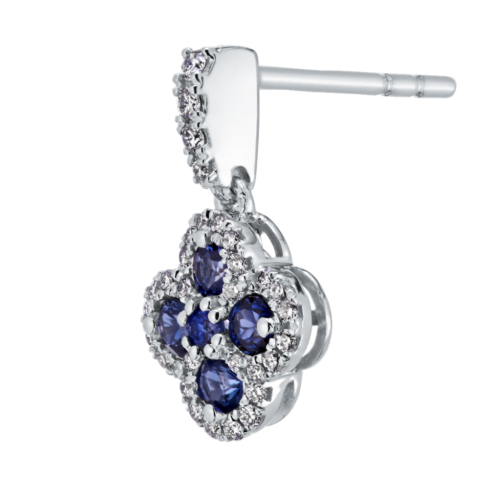 Majestic Gems&trade; 14k White Gold Color Stone Clover with Halo Small Drops Blue Sapphire & Diamond 0.75 Ctw