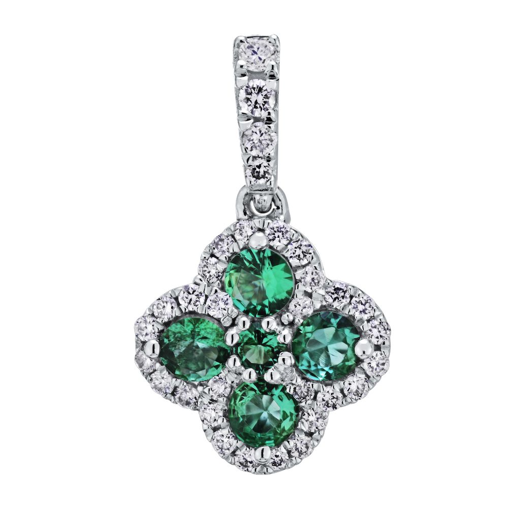 Majestic Gems&trade; 14k White Gold Color Stone Clover with Halo Small Drops Emerald & Diamond 0.75 Ctw