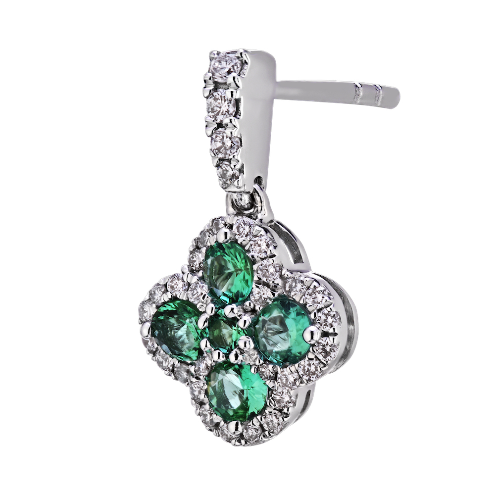 Majestic Gems&trade; 14k White Gold Color Stone Clover with Halo Small Drops Emerald & Diamond 0.75 Ctw