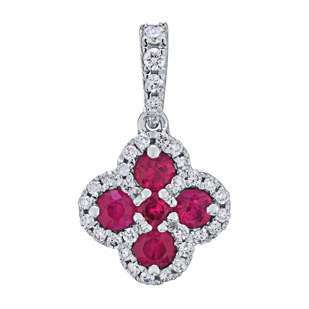 Majestic Gems&trade; 14k White Gold Color Stone Clover with Halo Small Drops Ruby & Diamond 0.75 Ctw