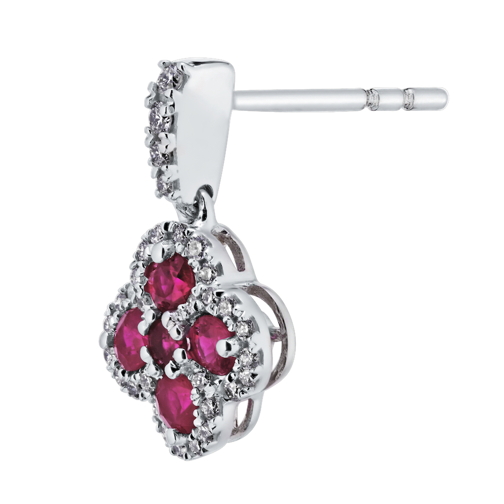Majestic Gems&trade; 14k White Gold Color Stone Clover with Halo Small Drops Ruby & Diamond 0.75 Ctw