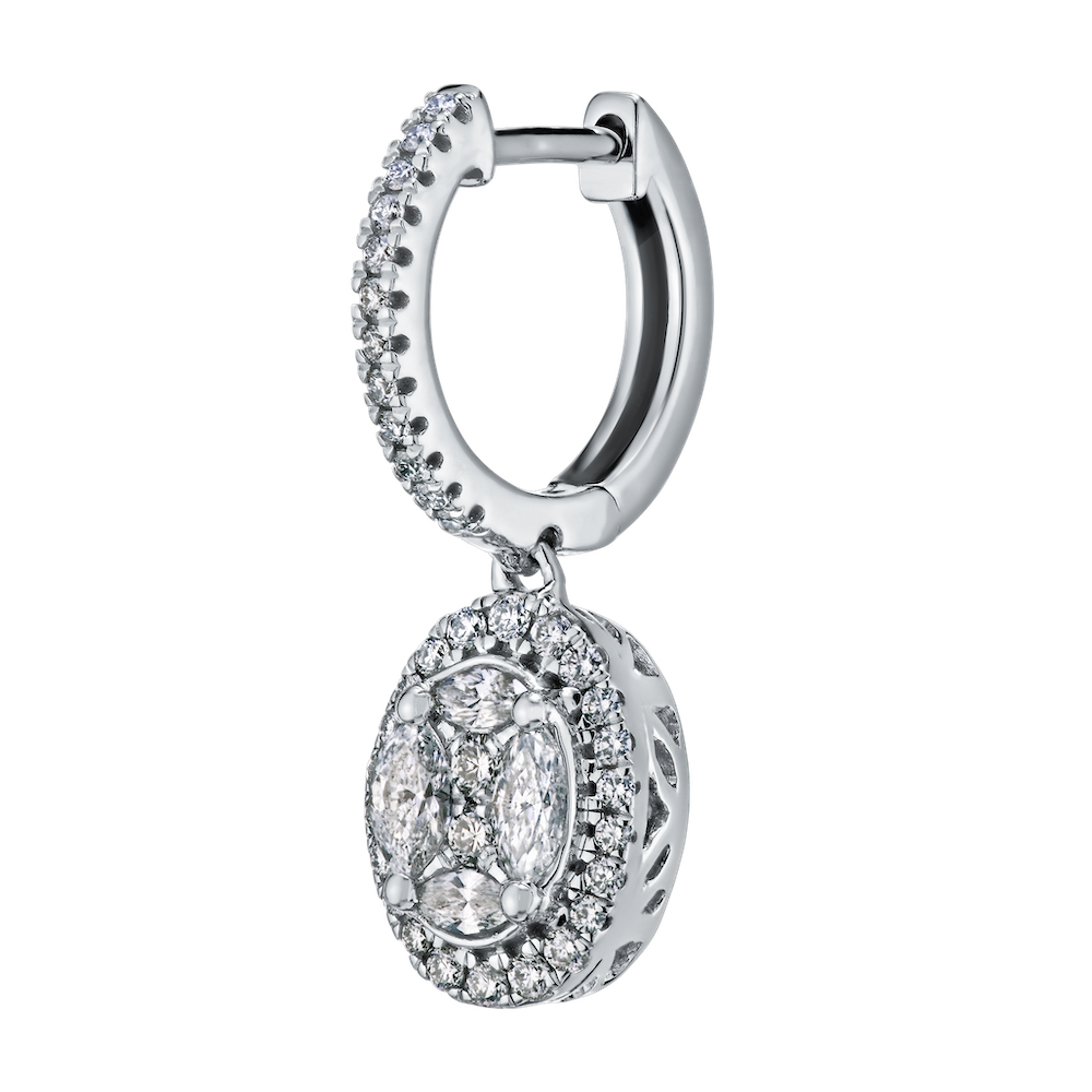 Compozit&trade; 14K White Gold Oval Shape With Halo Drops On Hoops Earrings Diamond 1.00 Ctw Cutting Edge Technology