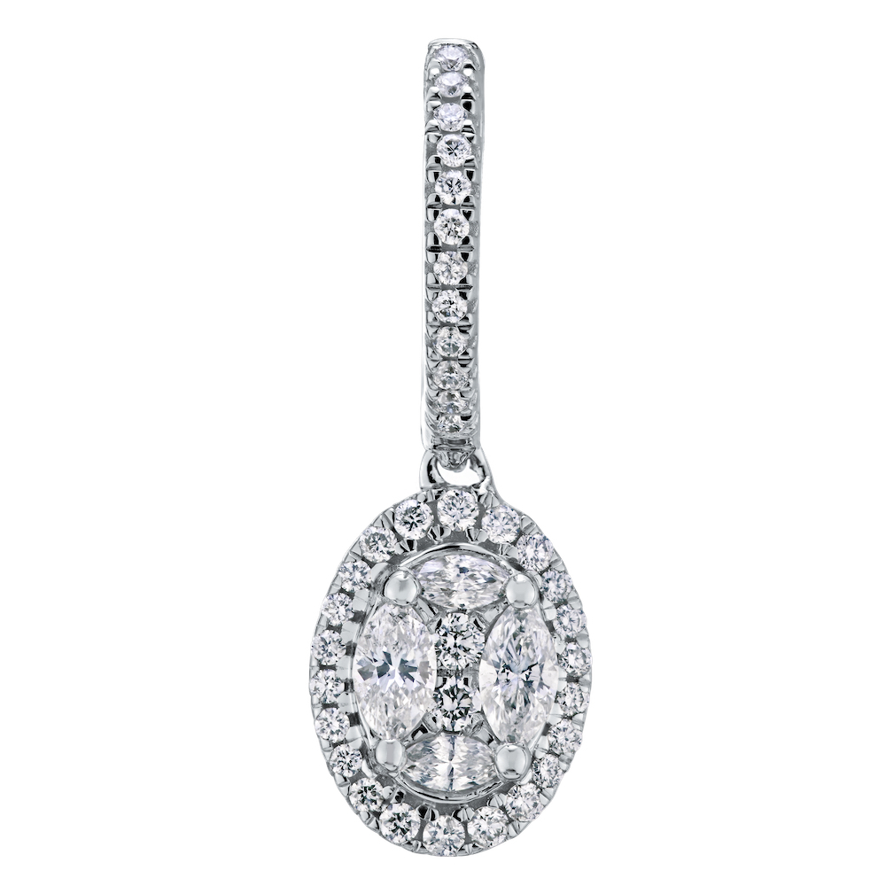 Compozit&trade; 14K White Gold Oval Shape With Halo Drops On Hoops Earrings Diamond 1.00 Ctw Cutting Edge Technology