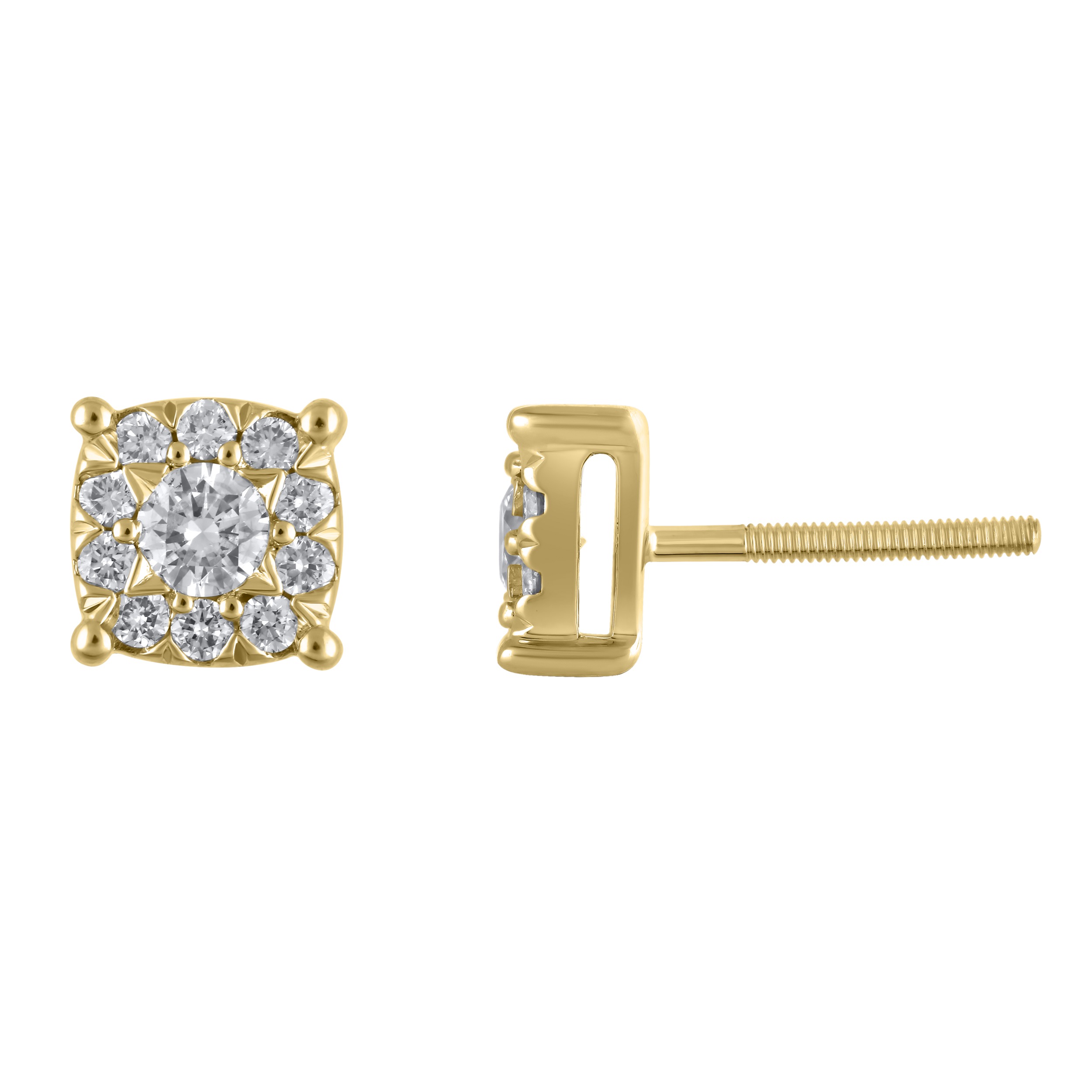 Diamond Bouquet&trade; 10K Yellow Gold Diamond Cushion Shaped Flower Clusters with Screw Backs Earrings 0.50 Ctw