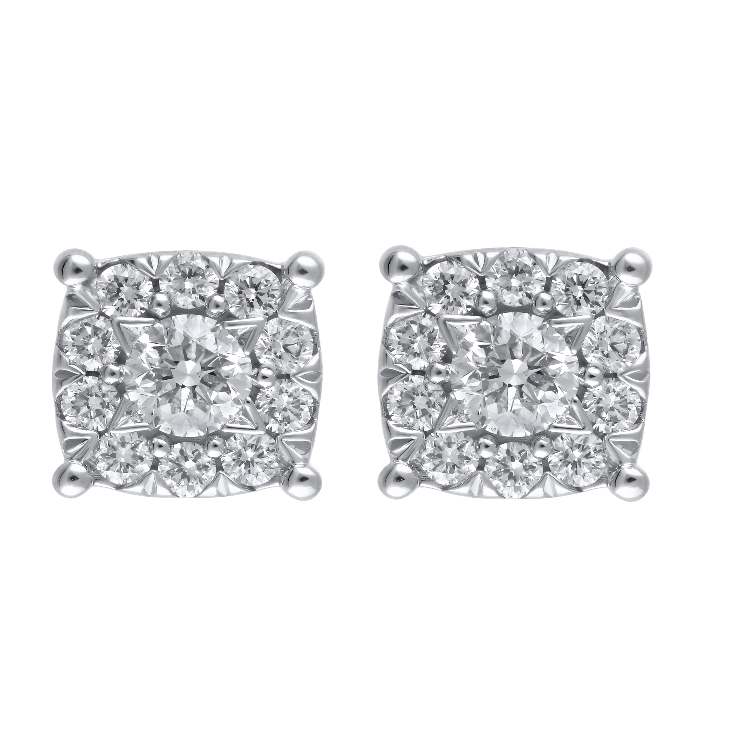 Diamond Bouquet&trade; 14K White Gold Diamond Cushion Shaped Flower Clusters with Screw Backs Earrings 0.75 Ctw