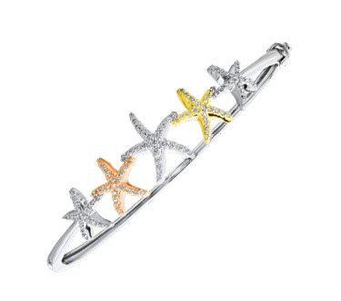 OCEANITY &trade; 14k Tri Color Bangle Graduating Pave 5 Starfish Hinged Diamond 0.75 Ctw
