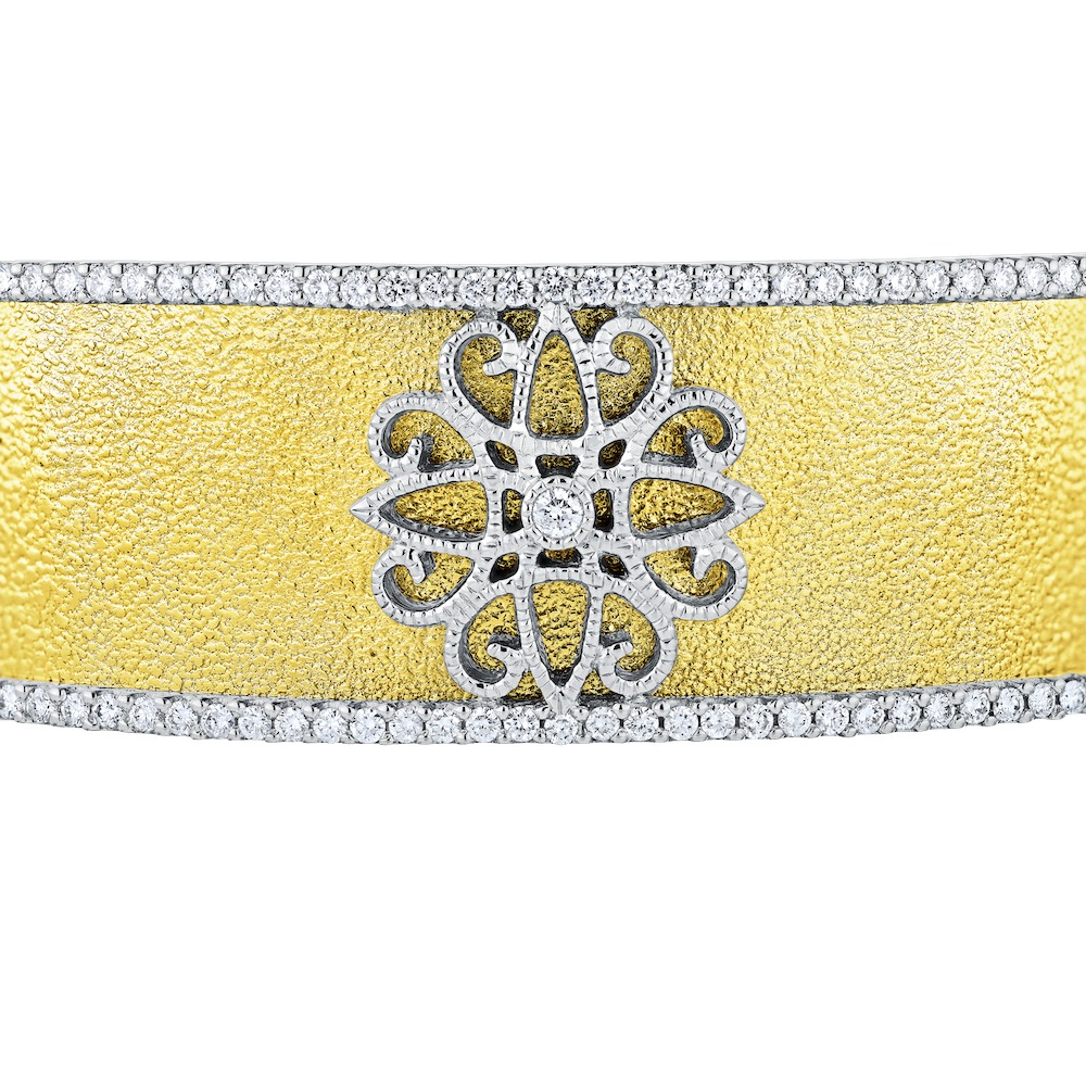 Textura&trade; 14K Two Tone Wide Textured with Contrasting Motif Diamond Set Rails Diamond 2.49 Ctw