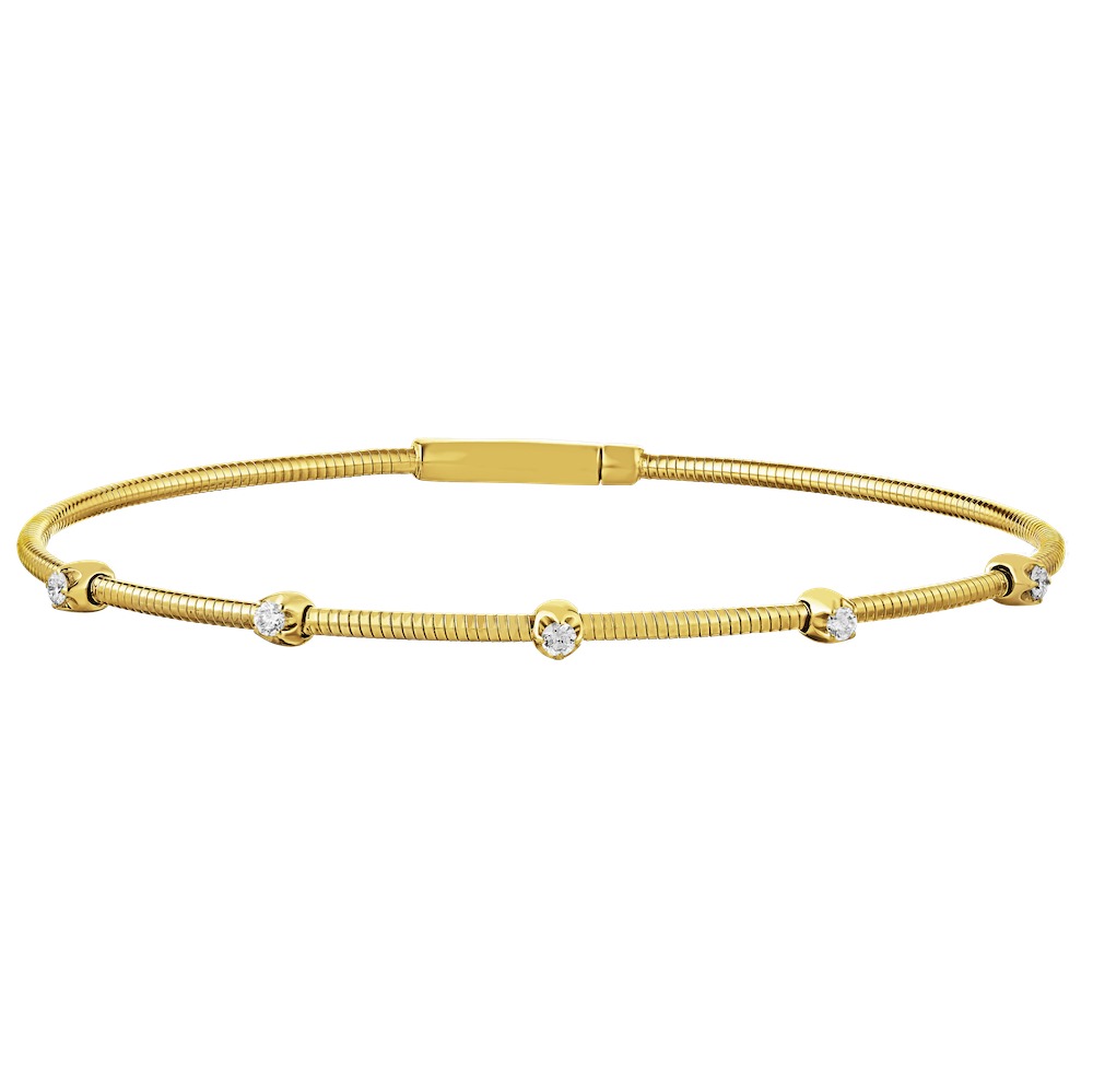 14K Yellow Gold SIngle Row Flexible 5 Round Prong Set Stations Bangle Diamond 0.15 Ctw