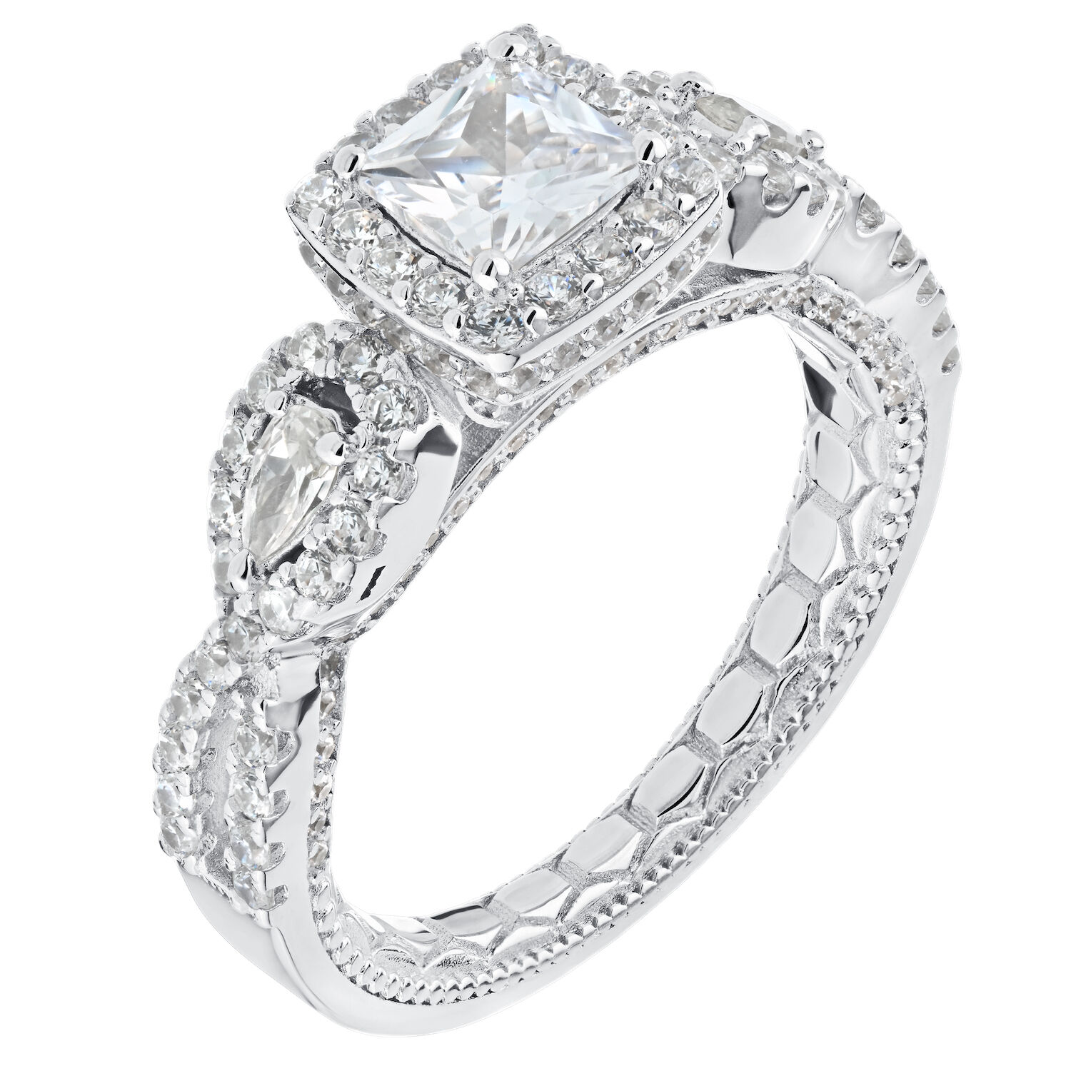 Enchanted Love&trade; 14K White Gold DiaPS 1.50 Ctw Semi-Mount Cushion Halo w/Pear-Shape Halo Shoulders 152 Dias. 1 1/5 Ctw Semi-Mount Engagement Ring