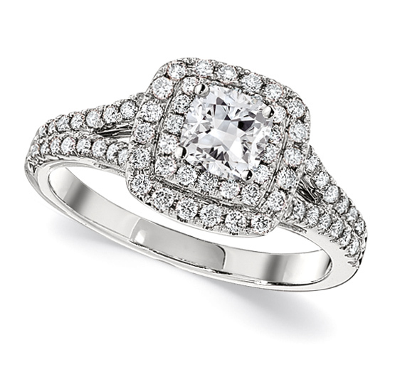 Bridal Collection 14K White Gold Semi-Mount Cushion Shape Center Double Halo Split Shank Diamond 0.54 Ctw