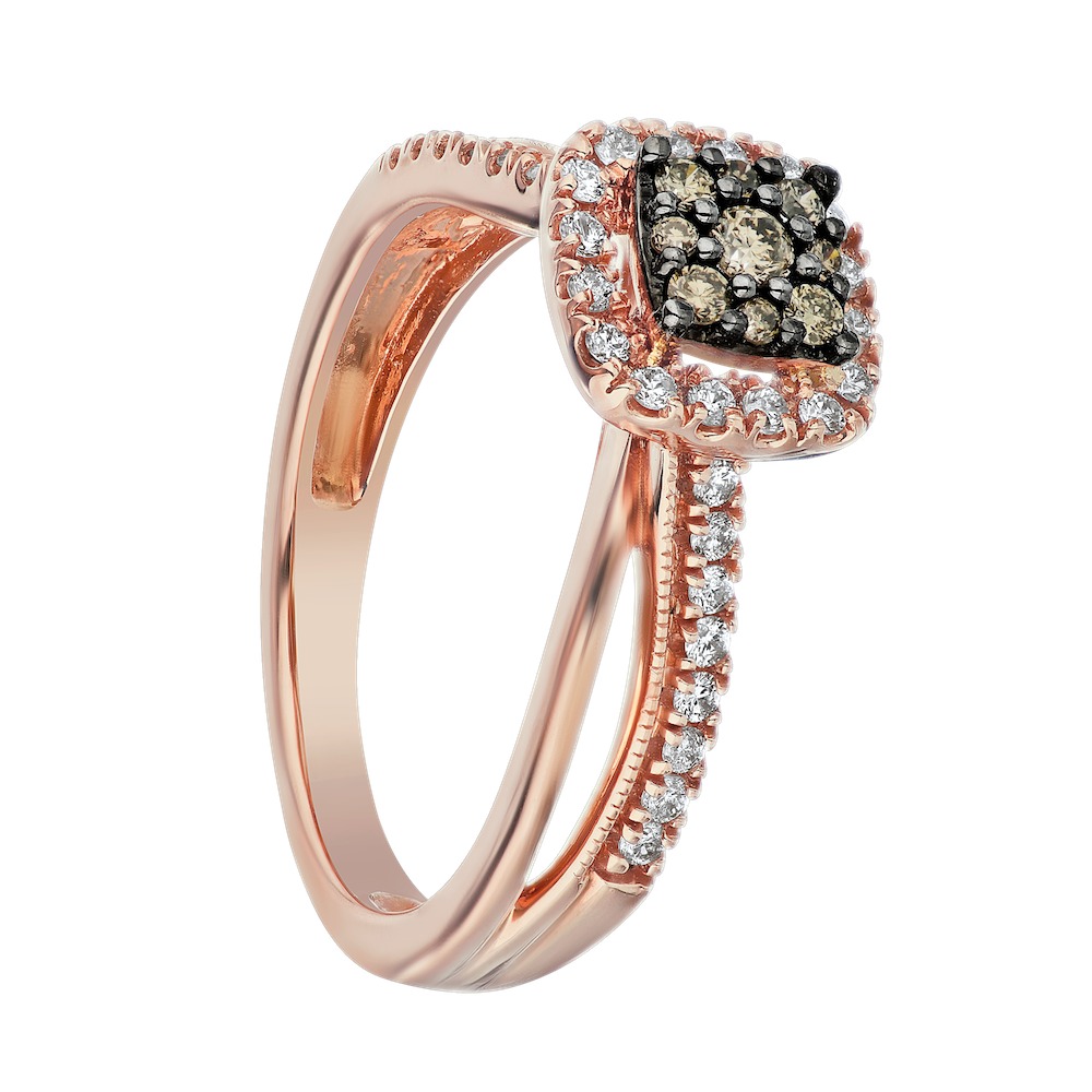 Cinnamon Dulce&trade; 14K Rose Gold Cushion Shape Cognac Cluster With Halo Crossover Shoulders Diamond & Cognac 0.41 Ctw