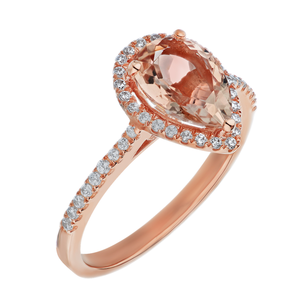 Peach Blossom&trade; 14k Rose Gold Pear-Shape Morganite with Halo Diamond Shoulders Ring Diamond 2.12 Ctw