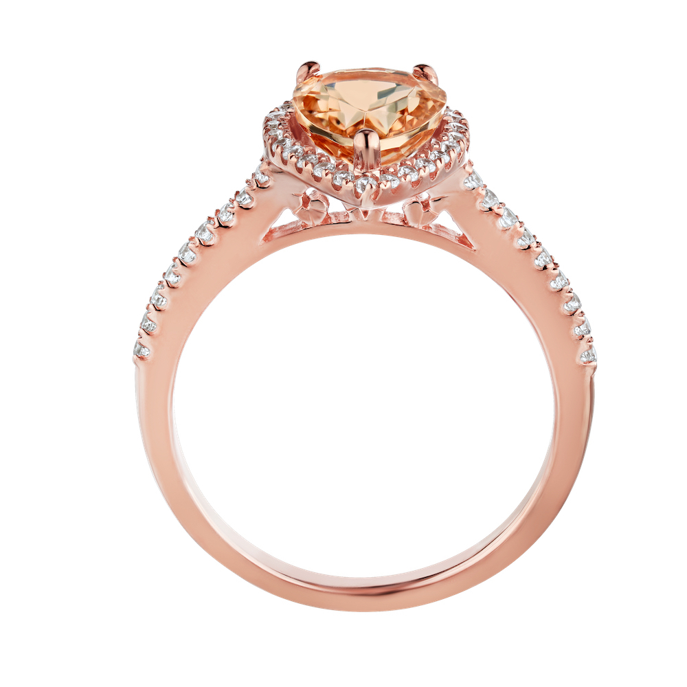 Peach Blossom&trade; 14k Rose Gold Pear-Shape Morganite with Halo Diamond Shoulders Ring Diamond 2.12 Ctw