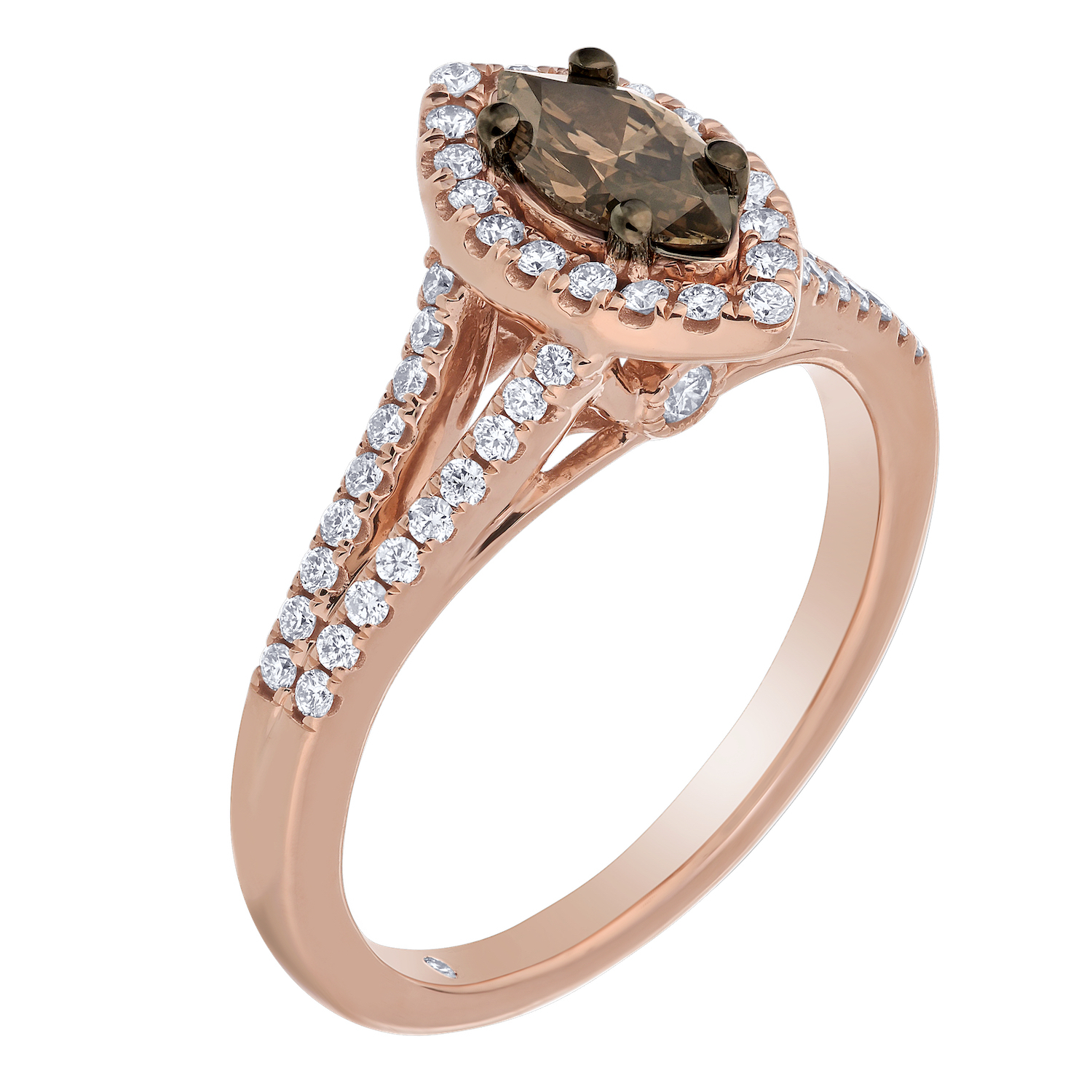 Cinnamon Dulce&trade; 14K Rose Gold Marquise Cognac Center With Halo & Split Shank Diamond & Cognac 0.90 Ctw
