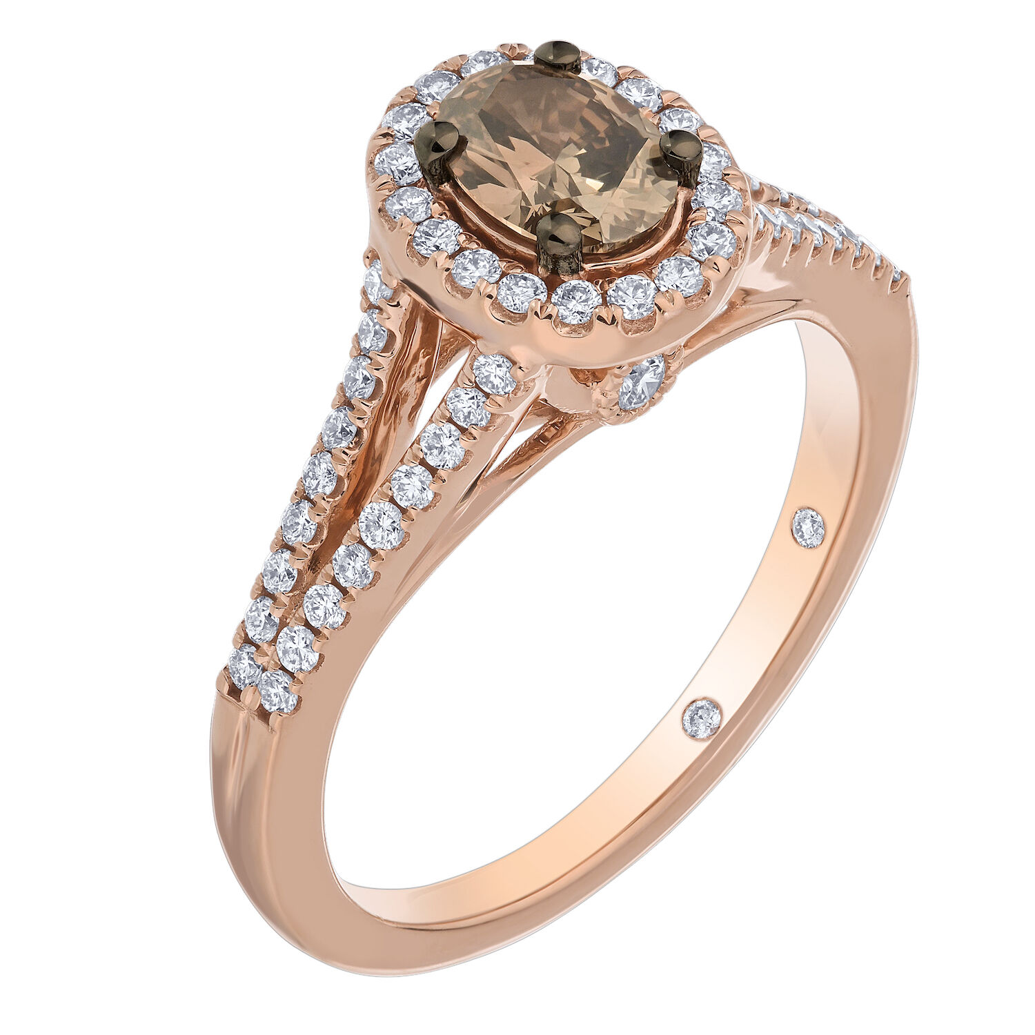 Cinnamon Dulce&trade; 14K Rose Gold Oval Shape Cognac With Halo Split Shank Diamond & Cognac 0.85 Ctw