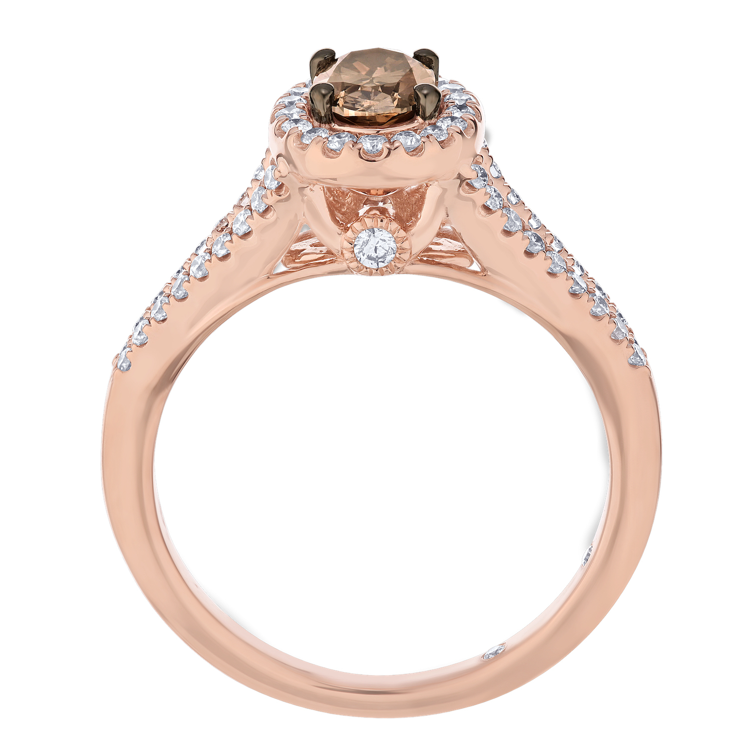 Cinnamon Dulce&trade; 14K Rose Gold Oval Shape Cognac With Halo Split Shank Diamond & Cognac 0.85 Ctw