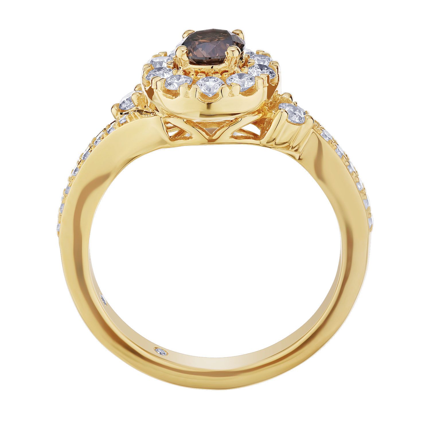 Cinnamon Dulce&trade; 14K Yellow Gold Round Cognac With Halo & Bypass Shank Diamond & Cognac 0.90 Ctw