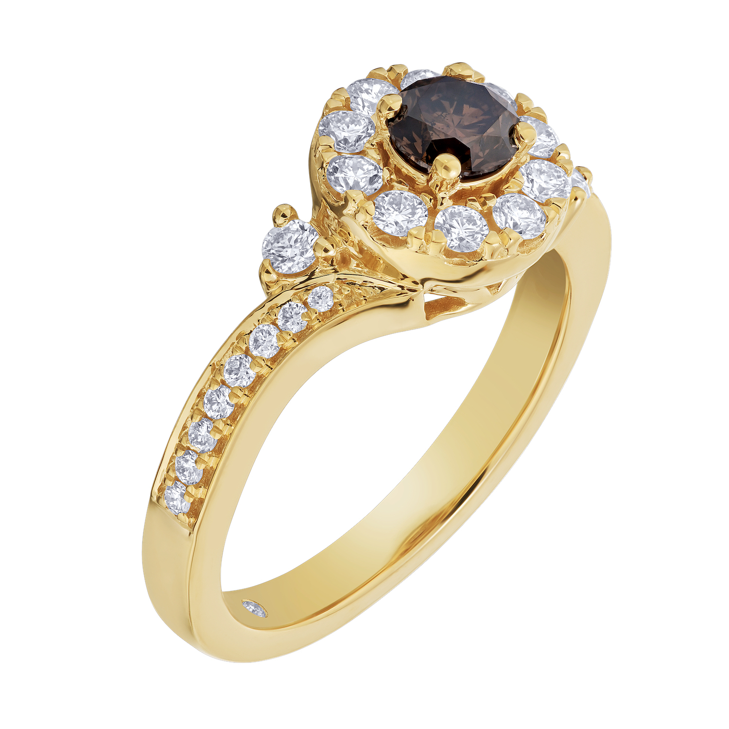 Cinnamon Dulce&trade; 14K Yellow Gold Round Cognac With Halo & Bypass Shank Diamond & Cognac 0.90 Ctw