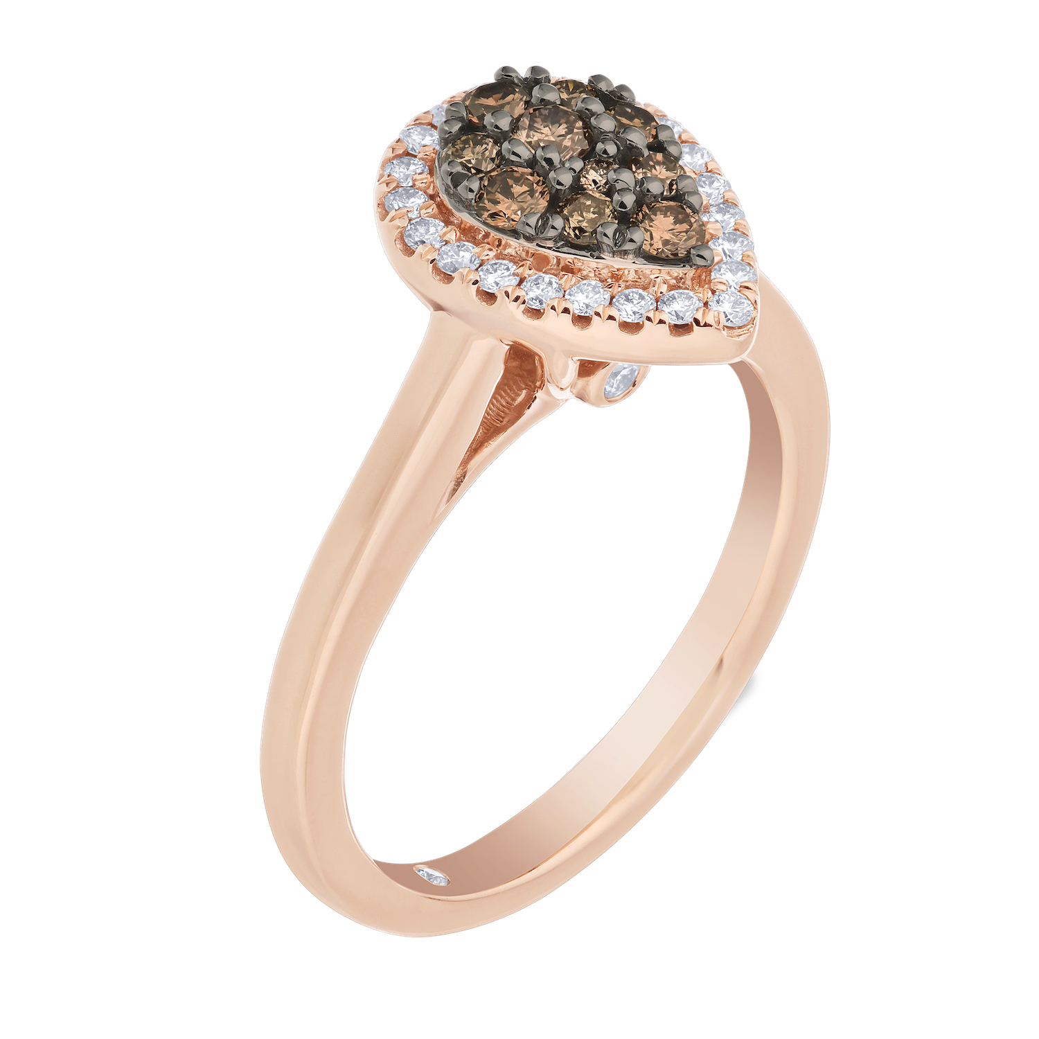 Cinnamon Dulce&trade; 14K Rose Gold Pear Shape Cognac Cluster Center With Halo Plain Shank Diamond & Cognac 0.50 Ctw